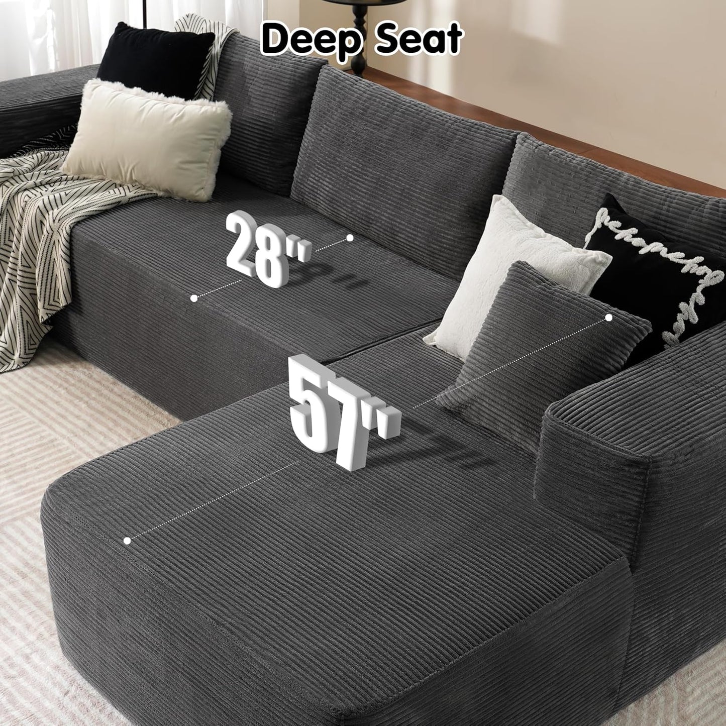 ovios 104" Cloud Sectional Couch with L-Shape Chaise,Modern Modular Sofa with Deep Seat, Upholstered Couches for Living Room Bedroom,No Assembly Required, Grey (Corduroy Fabric)