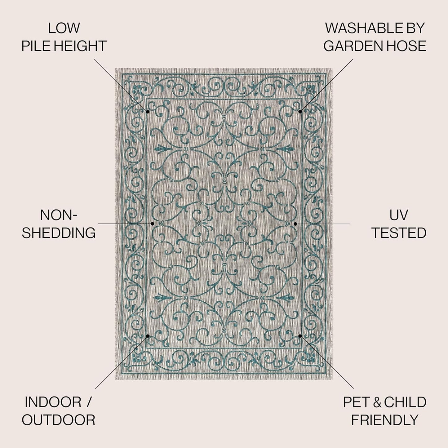 JONATHAN Y Vintage Filigree Indoor Outdoor Square Area Rug 9X9 Gray/Teal, Charleston Textured Weave for Backyard, Patio, Porch, Easy-Cleaning, High Traffic, Pet-Friendly, Non-Shedding (SMB106E-9SQ)