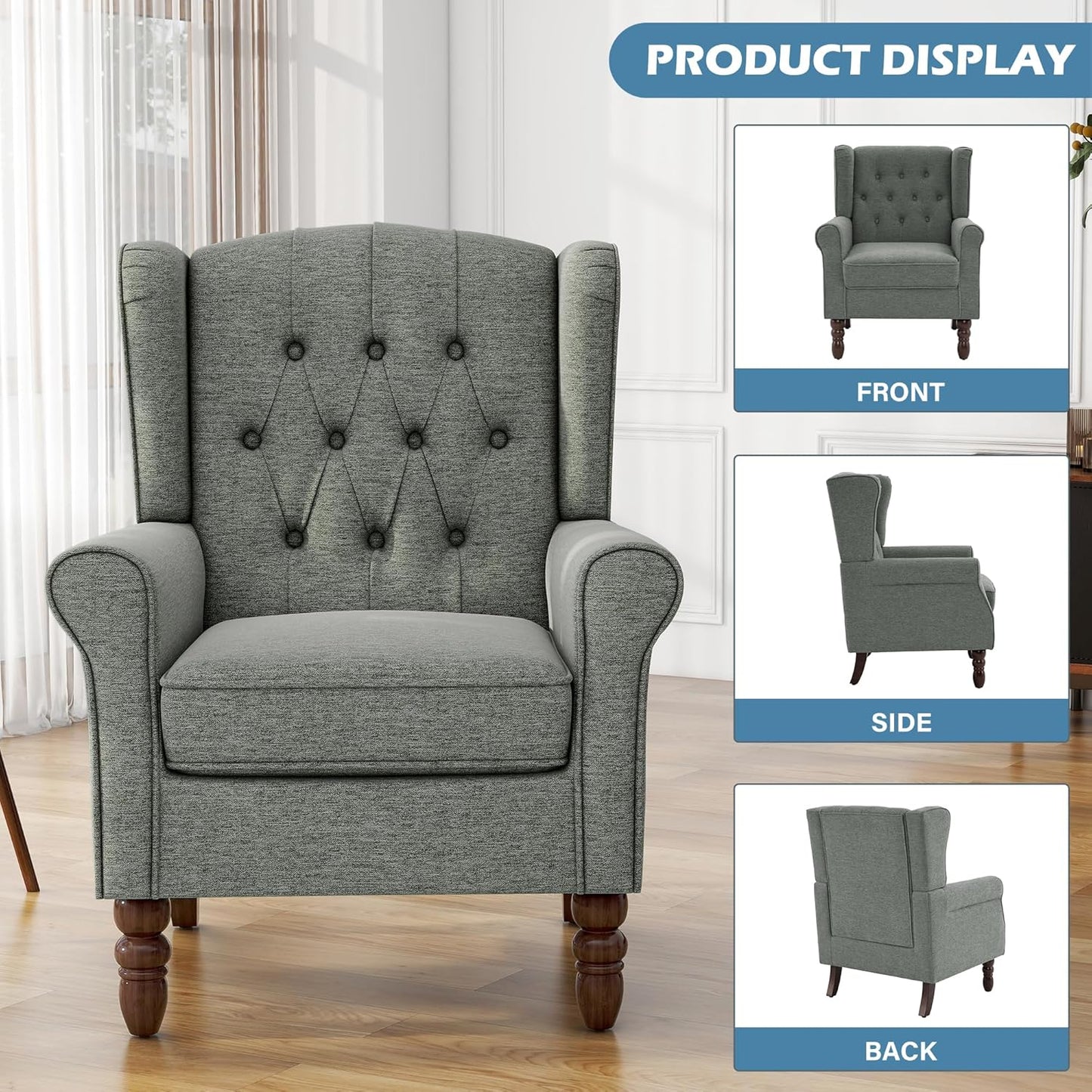 UIXE High Back Accent Chairs Set of 2, Upholstered Armchair in Fabric, Retro Wingback Arm Chair for Living Room, Comfy Single Sofa Bedroom Reading Seat with Solid Wood Legs - Dark Gray