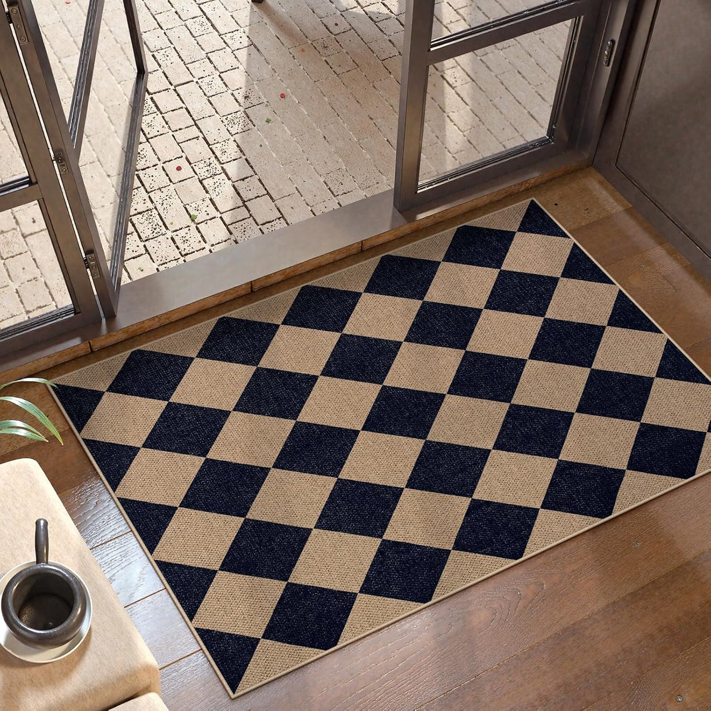 Lahome Checkered Easy Jute Kitchen Rug, 2x3 Indoor Door Mat Small Neutral Area Rug, Farmhouse Diamond Non Slip Non Shedding Lightweight Floor Carpet for Entry Porch