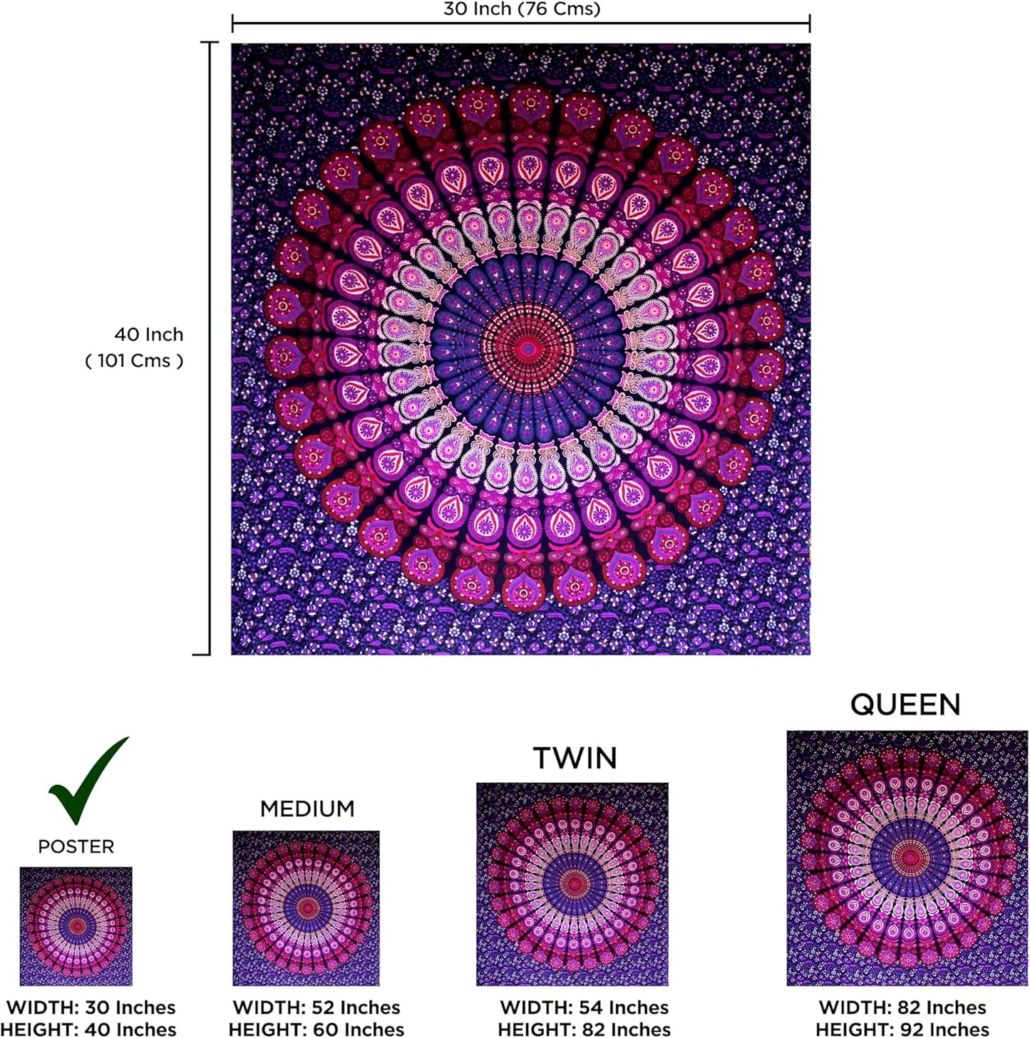 raajsee Indian Cotton Purple Tapestry Mandala Wall Hangings- Tapestry For Bedroom - Indie Wall Tapestry Hippie Room Decor - Boho Small Tapestrys Aesthetic Poster (30x40 Inches / 76x101 Cms)