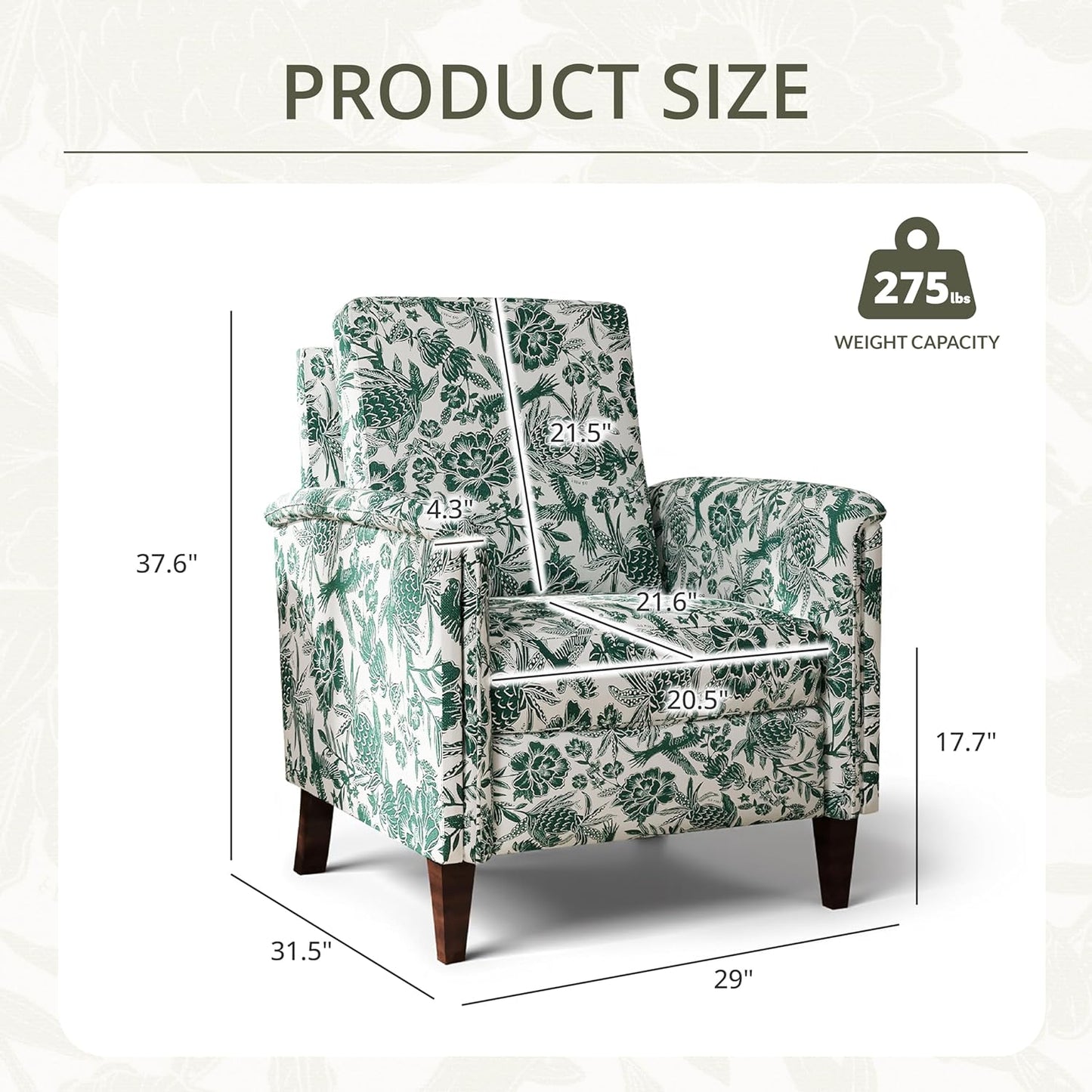 Floral Accent Chair, High Back Upholstered Armchair with Solid Wooden Legs, Padded Armrest and Removable Comfortable Cushioned Seat Single Sofa for Living Room, Bedroom, Green