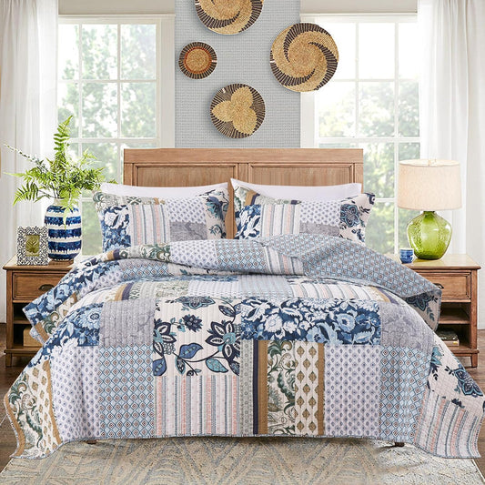 Yvooxny Queen Quilt Set Reversible Quilted Bedspread 3-Piece Lightweight Floral Real Patchwork Coverlet Bedding Set with Pillowcases for All Seasons, 98 * 90 Inches