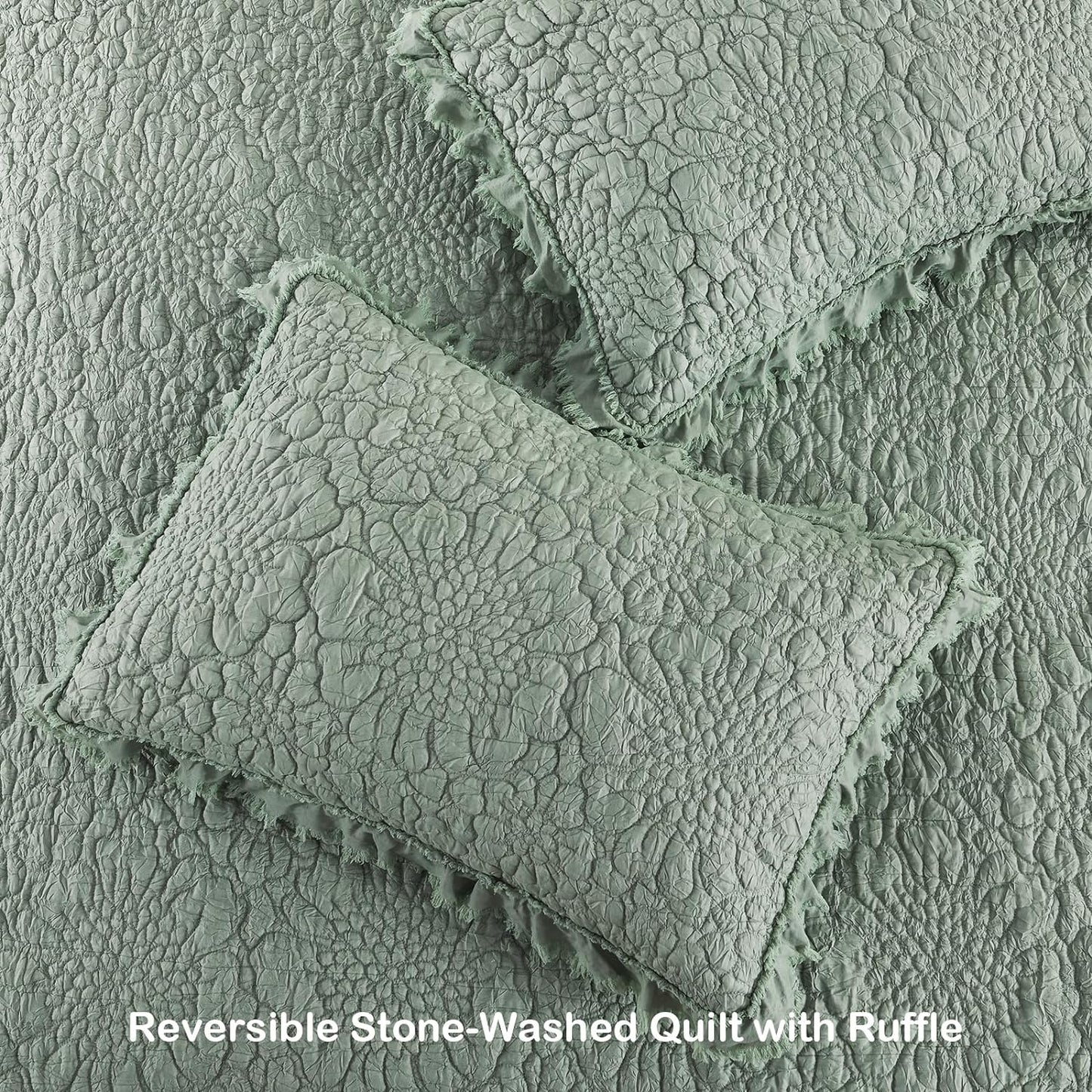 HORIMOTE HOME Sage Green Ruffled Quilt King Size, Stone-Washed Microfiber Lightweight Crinkled Farmhouse Rustic Shabby Chic Bedding Set, 3 Pieces Reversible Bedspread with Pillow Shams for All Season