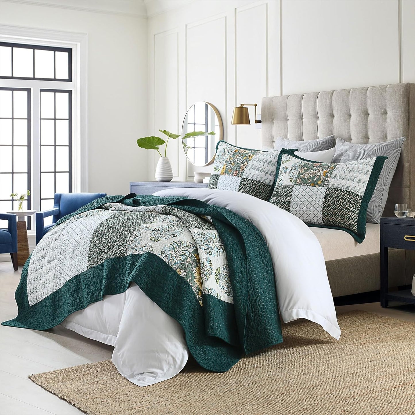 Secgo California King Quilt Size - 100% Cotton Oversized California Comforter Set Bedding Sets (120 * 110 Inch) with 2 Pillow Shams, Patchwork Reversible Lightweight Bedspread