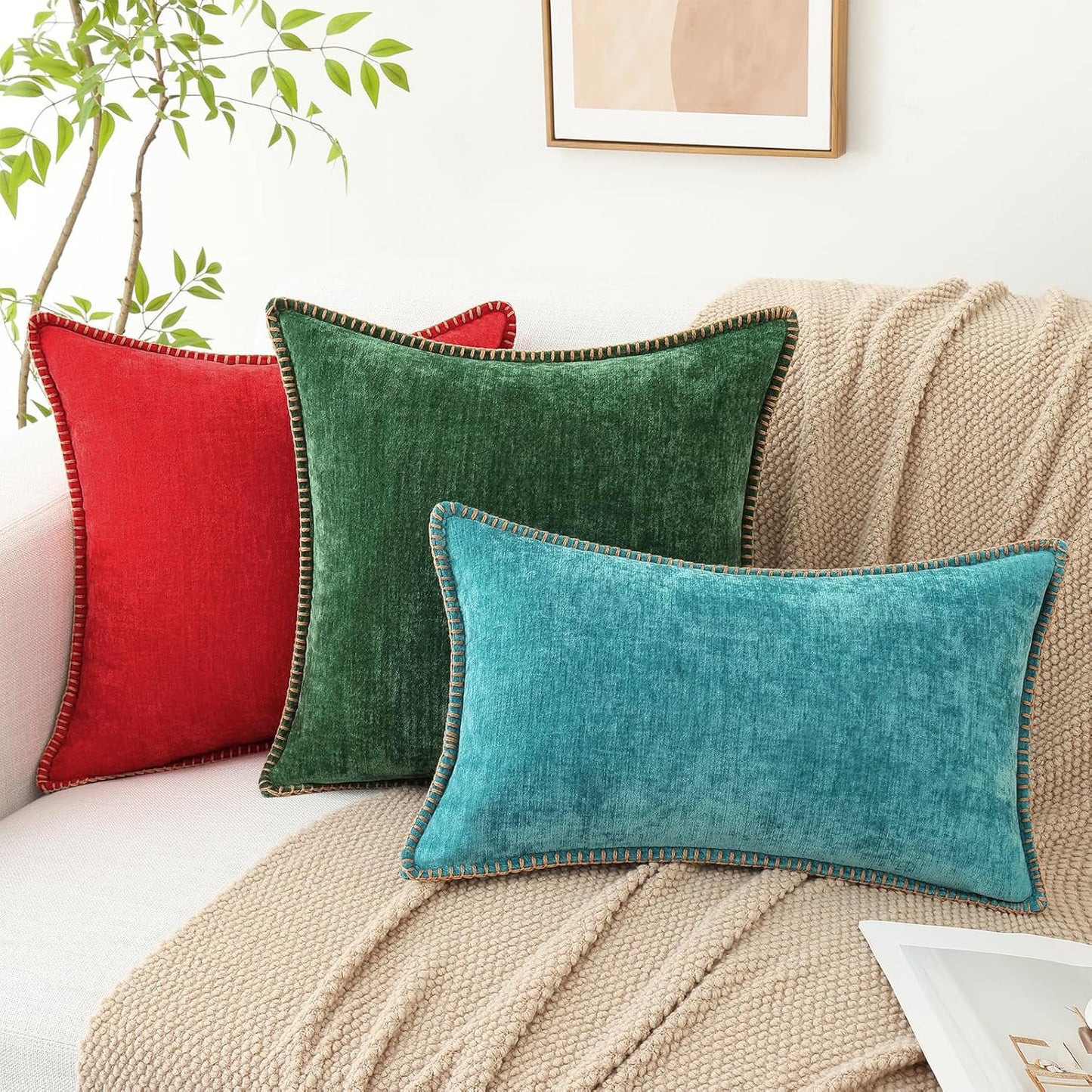 decorUhome Chenille Soft Throw Pillow Covers 20x20 Set of 2, Farmhouse Velvet Neutral Decorative Euro Pillow Covers with Stitched Edge for Couch Sofa Bed Home Decor, Red