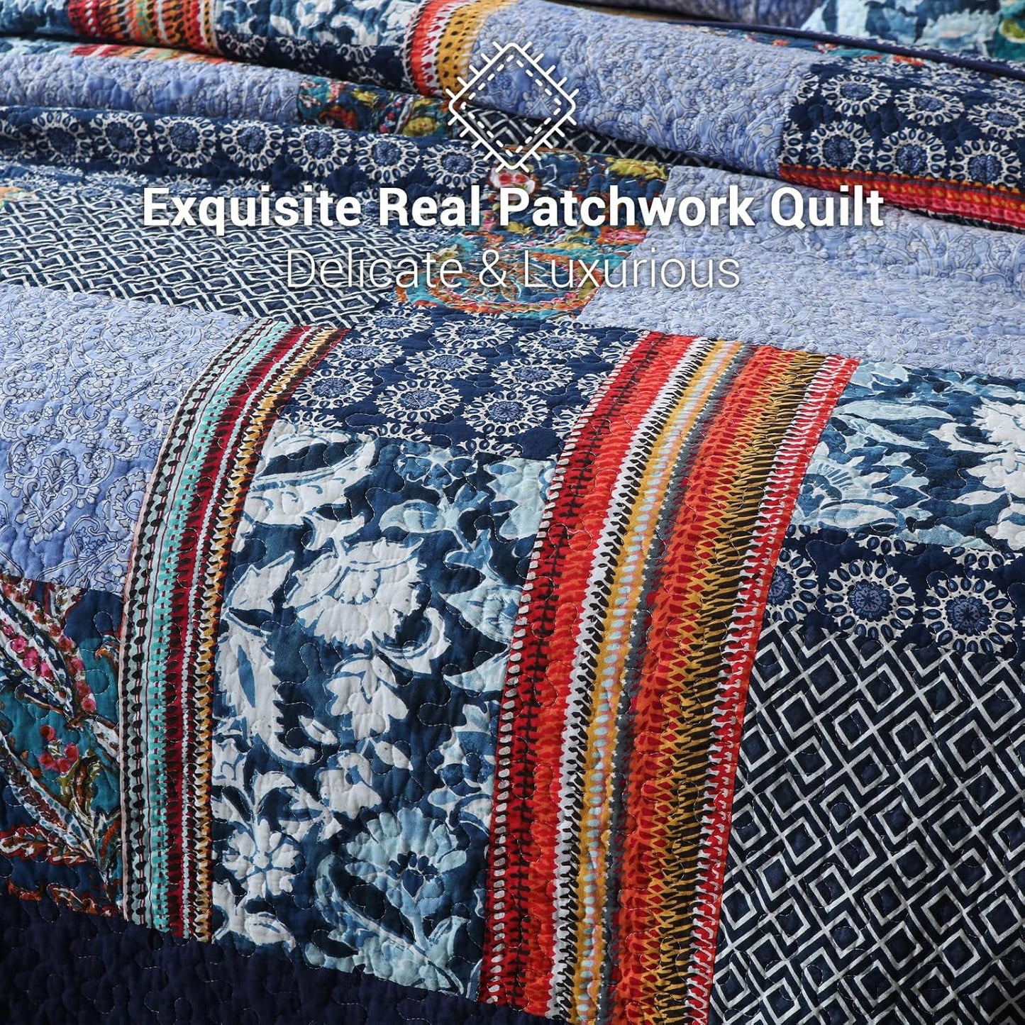 Yvooxny Queen Quilt Set Reversible Lightweight Bohemian Paisley Patchwork Cotton Quilted Bedspread Coverlet Set 3-Piece Bedding Set with Shams for All Seasons, Queen Size, 98 * 90 Inches