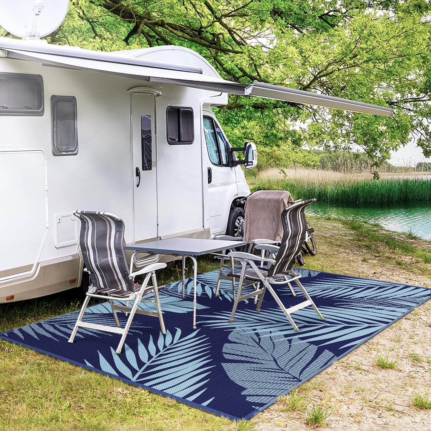 GENIMO Outdoor Rug 8' x 10' Waterproof for Patios Clearance, Reversible Outdoor Plastic Straw Camping Rug Carpet, Large Area Rugs Mats for RV, Camper, Deck, Balcony, Porch, Beach, Navy Blue&Baby Blue