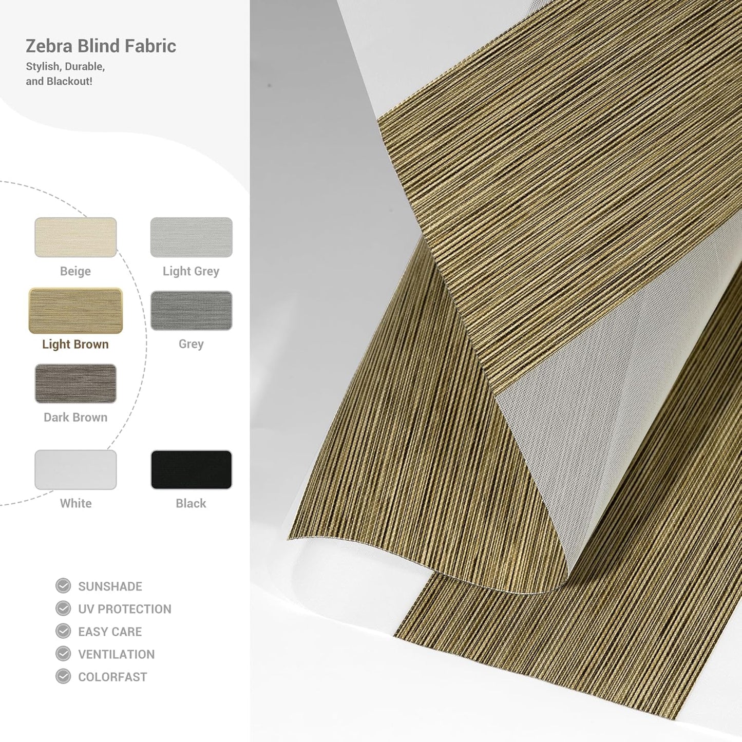 Cordless Zebra Blinds for Windows, Blackout Interior Blinds,Easy to Install,UV Protection,for Offices and Home,Custom Roller Shades, Mousse Light Bown,72" W x 48" H