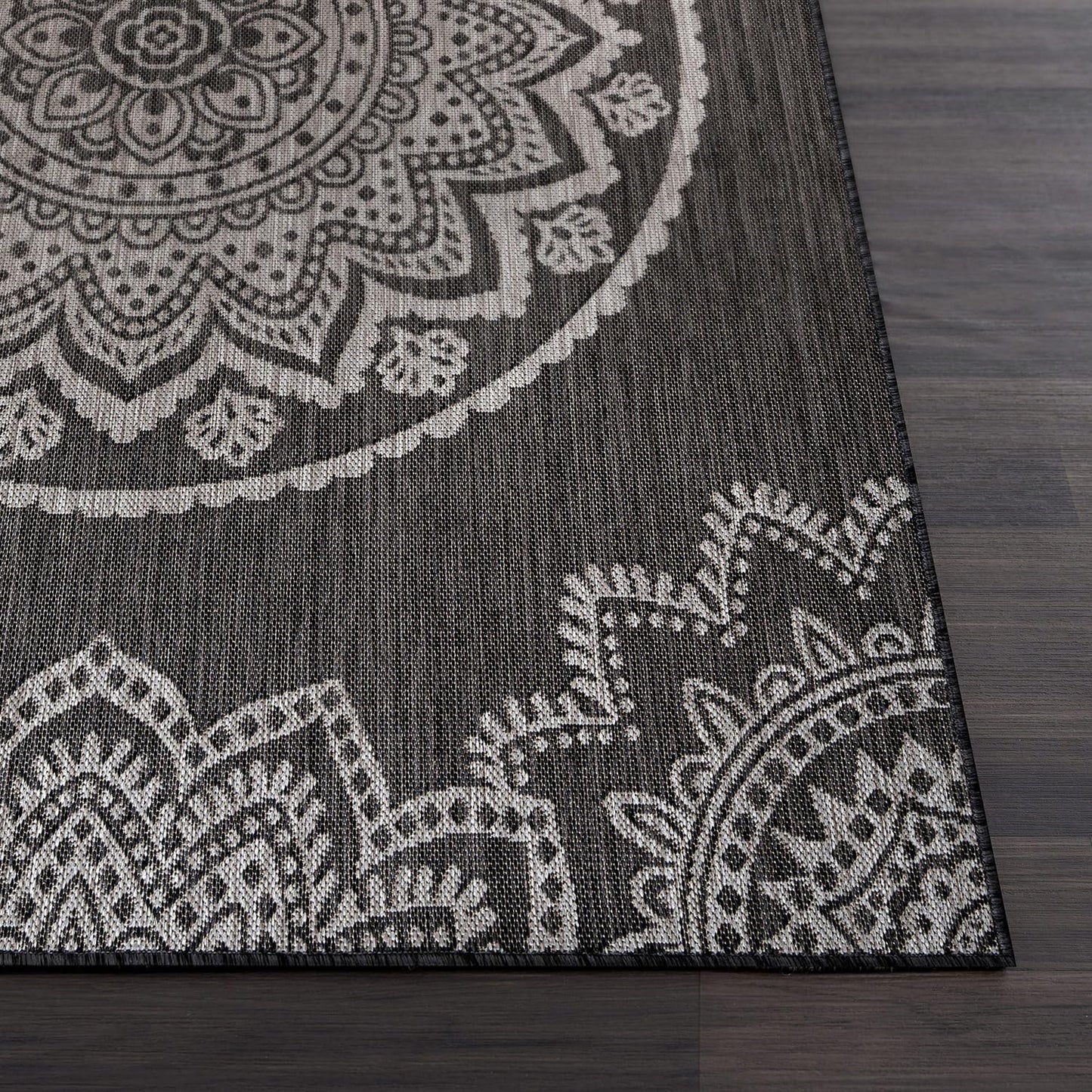 CAMILSON Outdoor Rug 5x7 Modern Area Rugs for Indoor and Outdoor Patios and Porches - Waterproof Washable Non-Shedding Easy-to-Clean Outside Carpet (5 x 7, Medallion - Dark Grey/Light Grey)