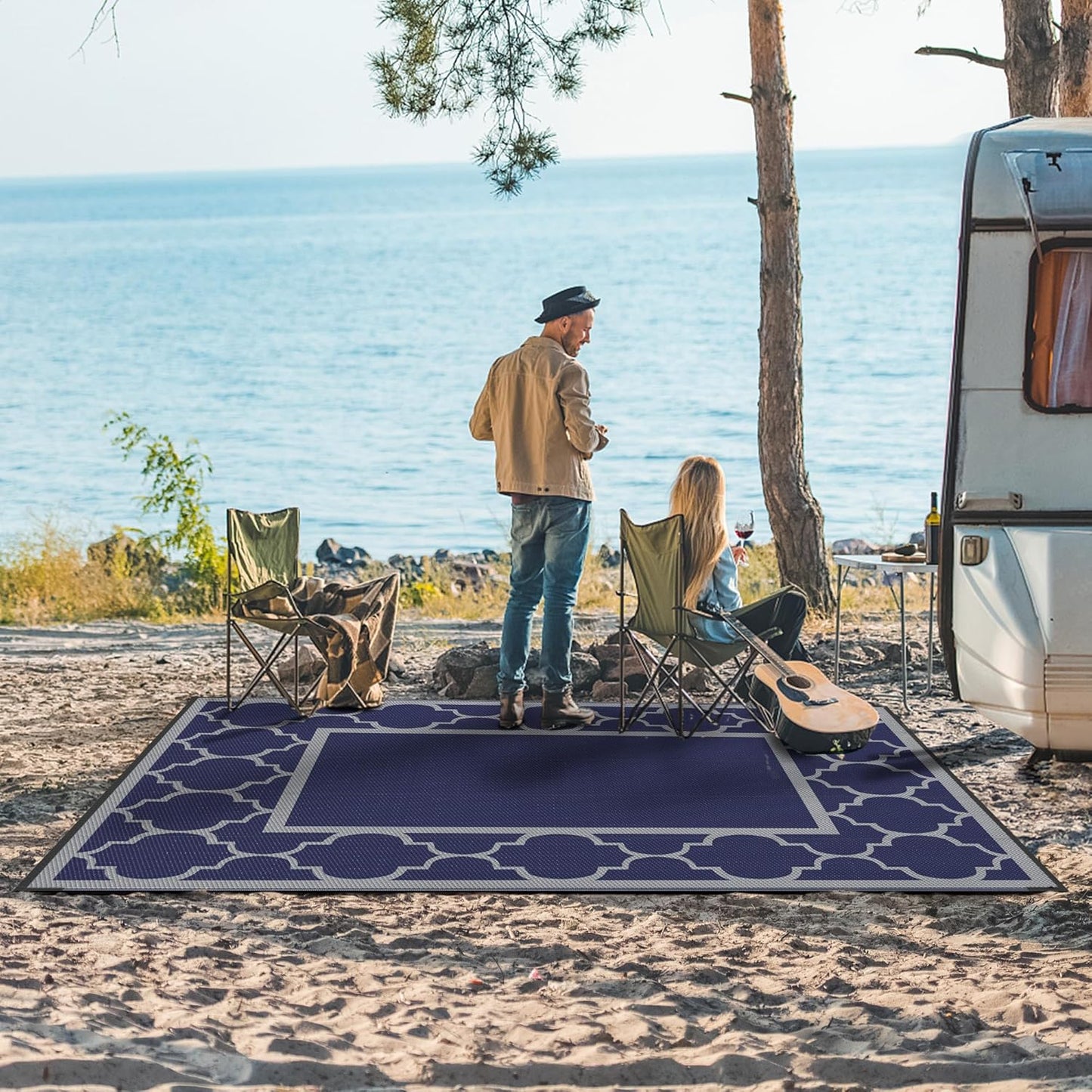 GENIMO Outdoor Rug 9' x 12' Patio Waterproof, Foldable Reversible Plastic Straw Area Rugs Mat for Camper Decor, Outside Carpet for Rv, Deck, Porch, Picnic, Beach, Balcony, Blue & Grey