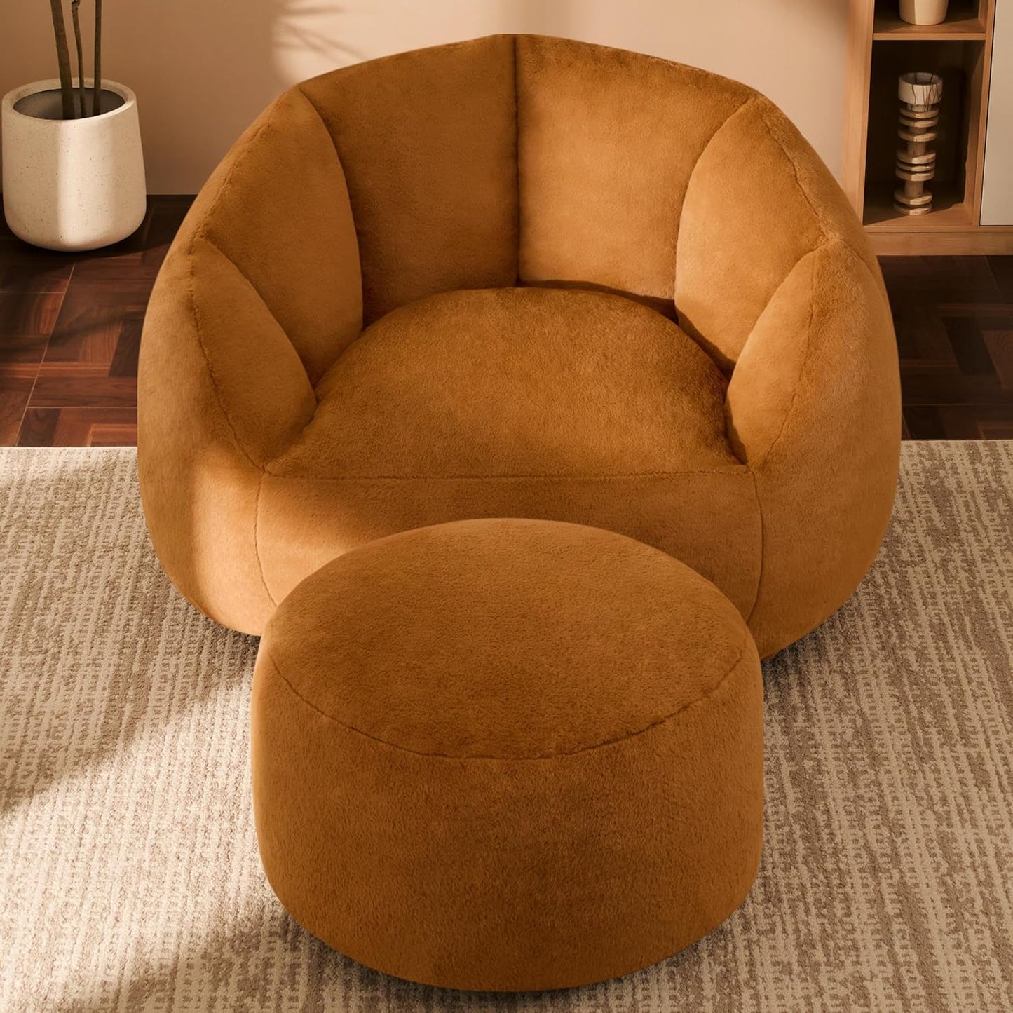 Giant Bean Bag Chaise Lounge Indoor Chair for Adults - Comfy Plush Round Shell Soft Accent Chair, Oversized Cozy Floor Sofa for Living Room, Bedroom & Game Rooms, Orange