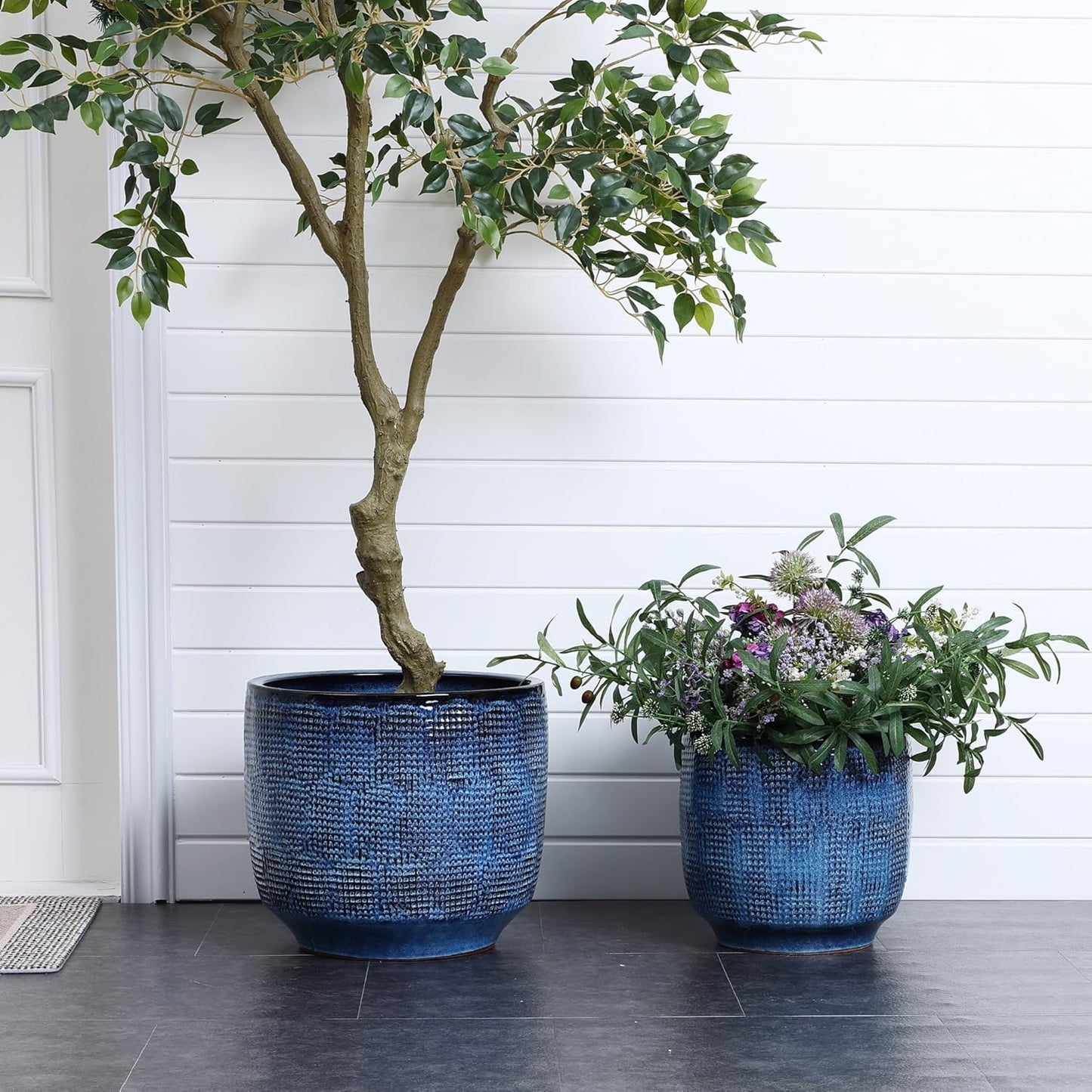 LuxenHome 15.5" Dia Large Ceramic Pots for Plants, Ocean Blue Glazed Planters for Outdoor Plants, Round Indoor Flower Pots with Drainage Hole and Rubber Plug for Home Garden Patio