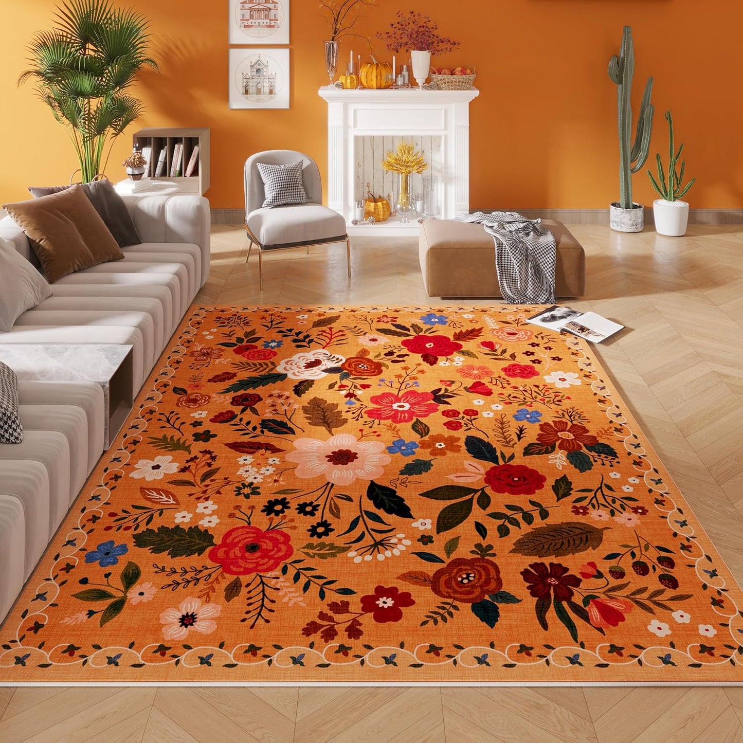Living Room Rug 5x7 Rug Machine Washable Boho Area Rug Non Slip Floral Vintage Low Pile Large Rugs for Living Room, Bedroom, Farmhouse, Dining Room, Kids Playroom(Yellow)