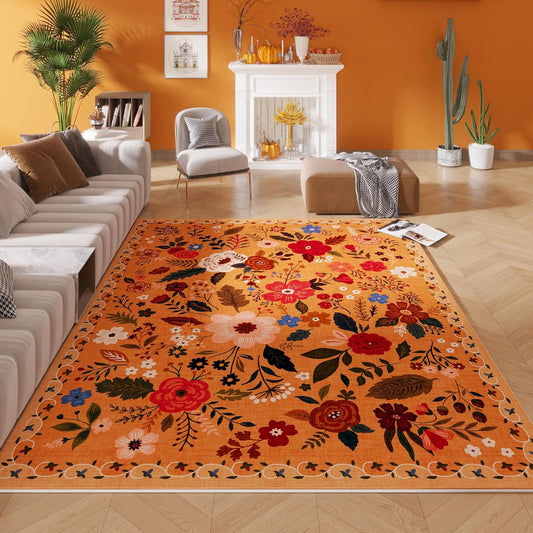 Living Room Rug 6x9 Rug Machine Washable Boho Area Rug Non Slip Floral Vintage Low Pile Large Rug for Living Room, Bedroom, Farmhouse, Dining Room, Kids Playroom(Yellow)