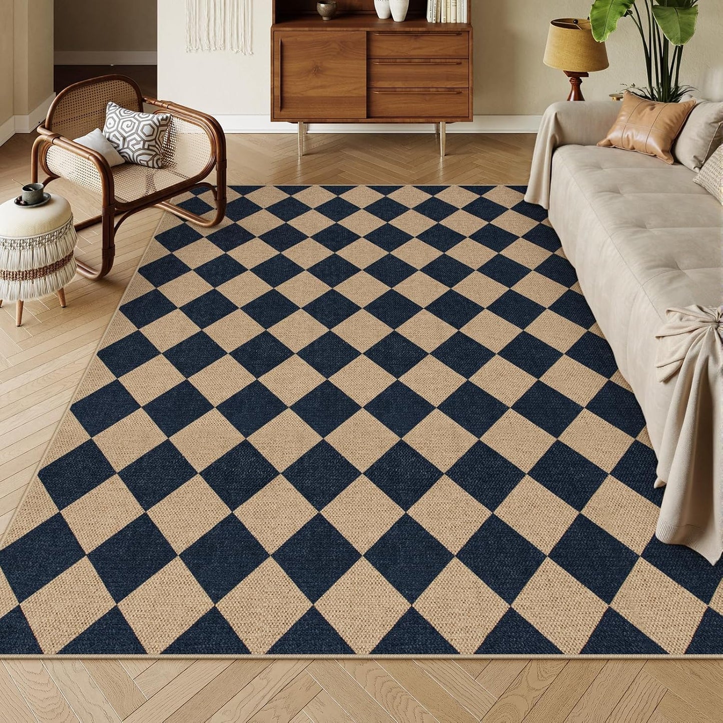 Lahome Checkered Easy Jute Outdoor Rug, Large 6x9 Rug for Living Room Checkerboard Indoor Outdoor Carpet, Farmhouse Patio Office Mat Geometric Non Slip Black Carpet for Backyard Dining Room