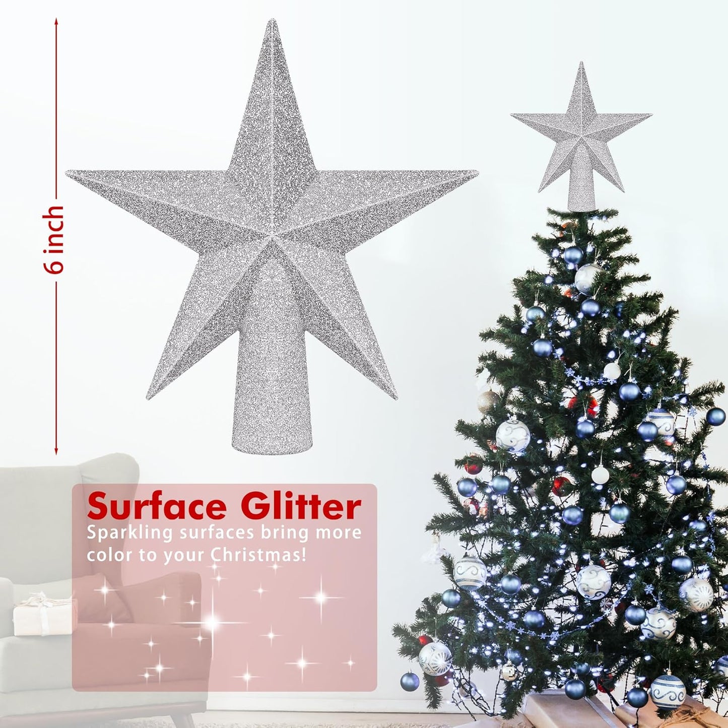 Tree Topper, 6" Silver Christmas Tree Topper with Glitter, 3D Bethlehem Star Xmas Tree Topper Decorations, Waterproof Shatter-Proof Tree Decoration for Christmas Holiday Home Indoor and Outdoor