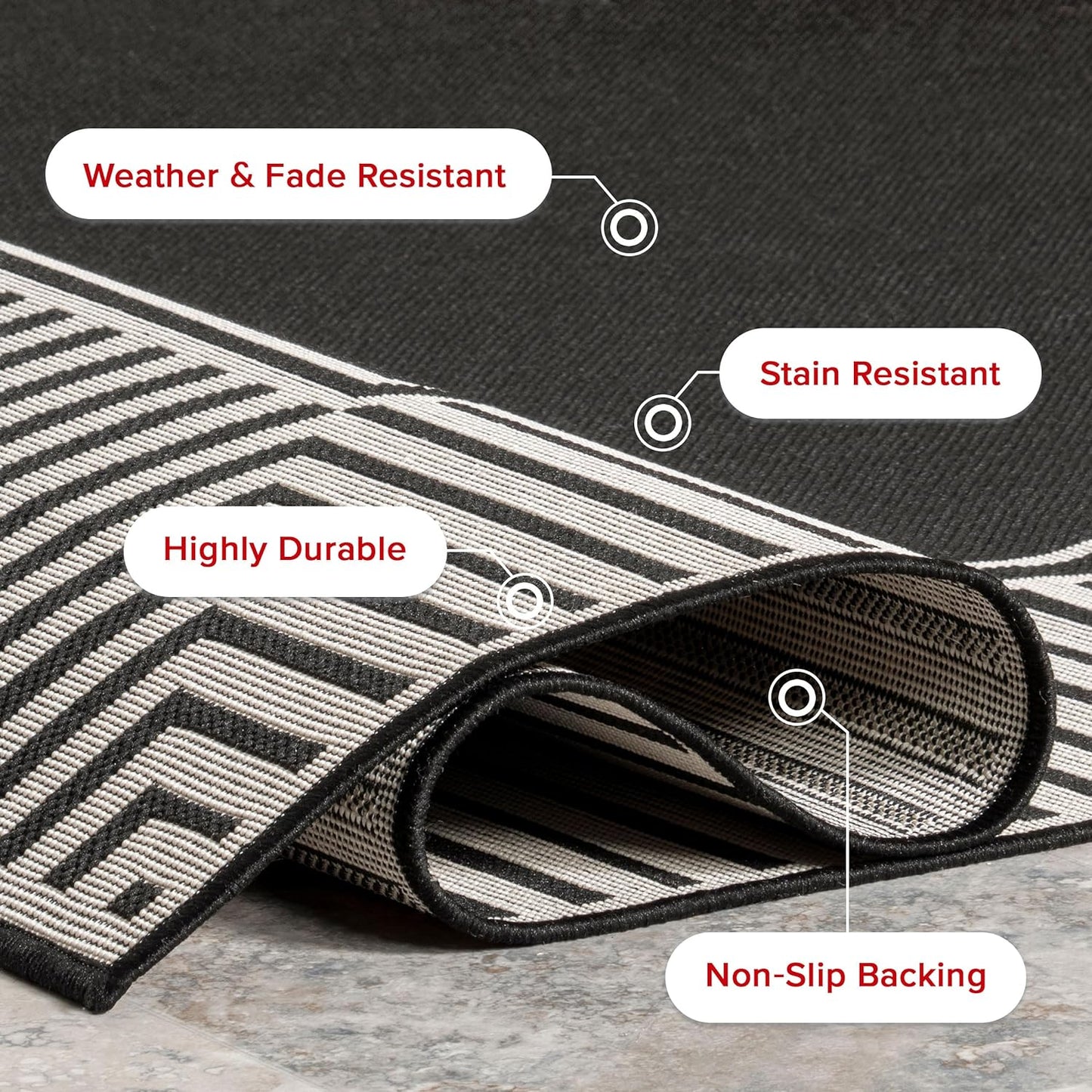 nuLOOM 4' x 6' Outdoor Area Rug, Casual Design With Striped Border, Stain Resistant, Highly Durable, For Patio, Balcony, Bedroom, Living Room, Dining Room, Bathroom, Black