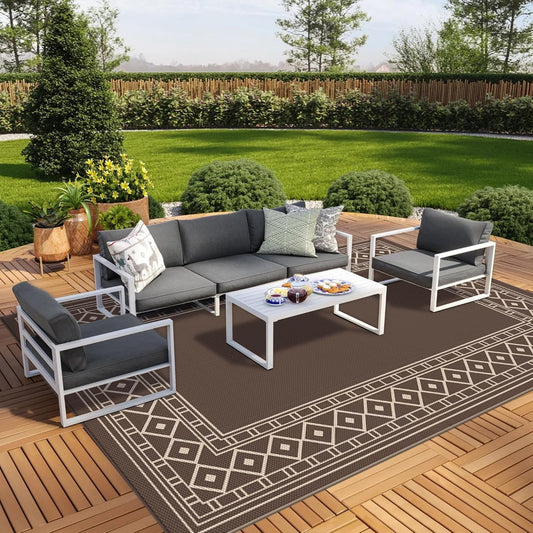 GENIMO Outdoor Rug Waterproof for Patio, 10'x14' Foldable Reversible Plastic Straw Carpet for Travel Trailers, Outside Area Mat for Rv, Deck, Picnic, Porch, Camper, Balcony, Beach, Coffee & Beige