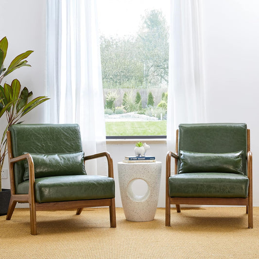 Glitzhome 2 Set Mid Century Hunter Green Accent Armchair, Single Reading Armchair PU Leather Lounge Chair with Walnut Ruberwood Frame