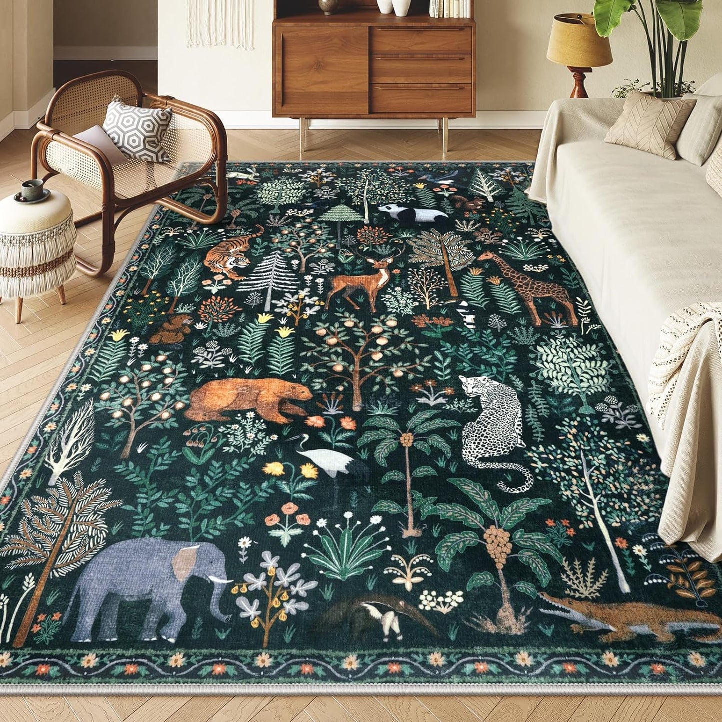 OJIA Jungle Print 8x10 Rugs for Living Room, Green Soft Bedroom Rug Washable Area Rugs 8x10, Modern Dining Room Rug Stain Resistant Floor Carpet for Playroom Kids Nursery Office, Green
