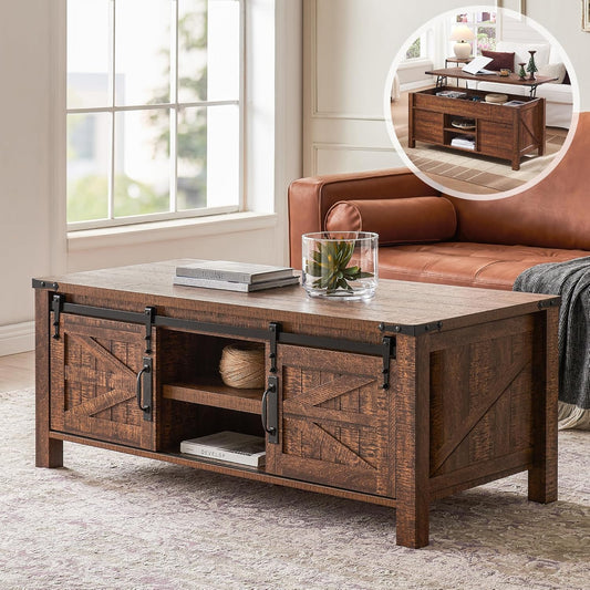 OKD 48" Farmhouse Lift Top Coffee Table with Sliding Barn Door,Rustic Center Table with Hidden Storage Compartment,Lifting Tabletop and Adjustable Shelf for Living Room,Office,Reclaimed Barnwood