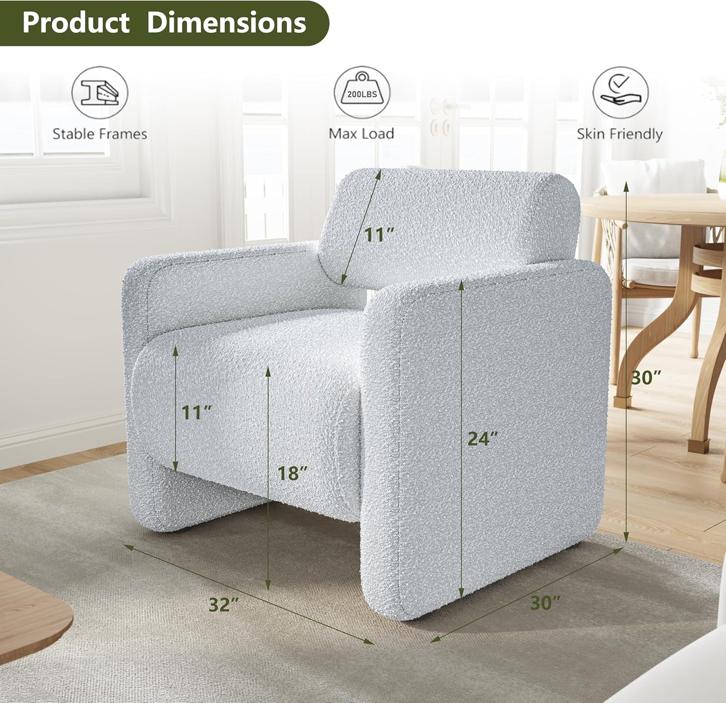 Accent Chair, Modern Boucle Fabric Armed Chair, Comfortable Single Sofa Chair for Living Room, Solid Wood Frame, Comfy Side Chair for Bedroom, Office, Reading(Grey)