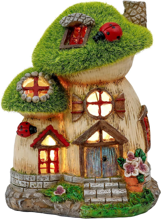 TERESA'S COLLECTIONS Mushroom Garden Statues with Outdoor Solar Light for Garden Decor, Green Flocked Decorations Resin Fairy House Accessories, Outdoor Decor Yard Gifts for Mom Women
