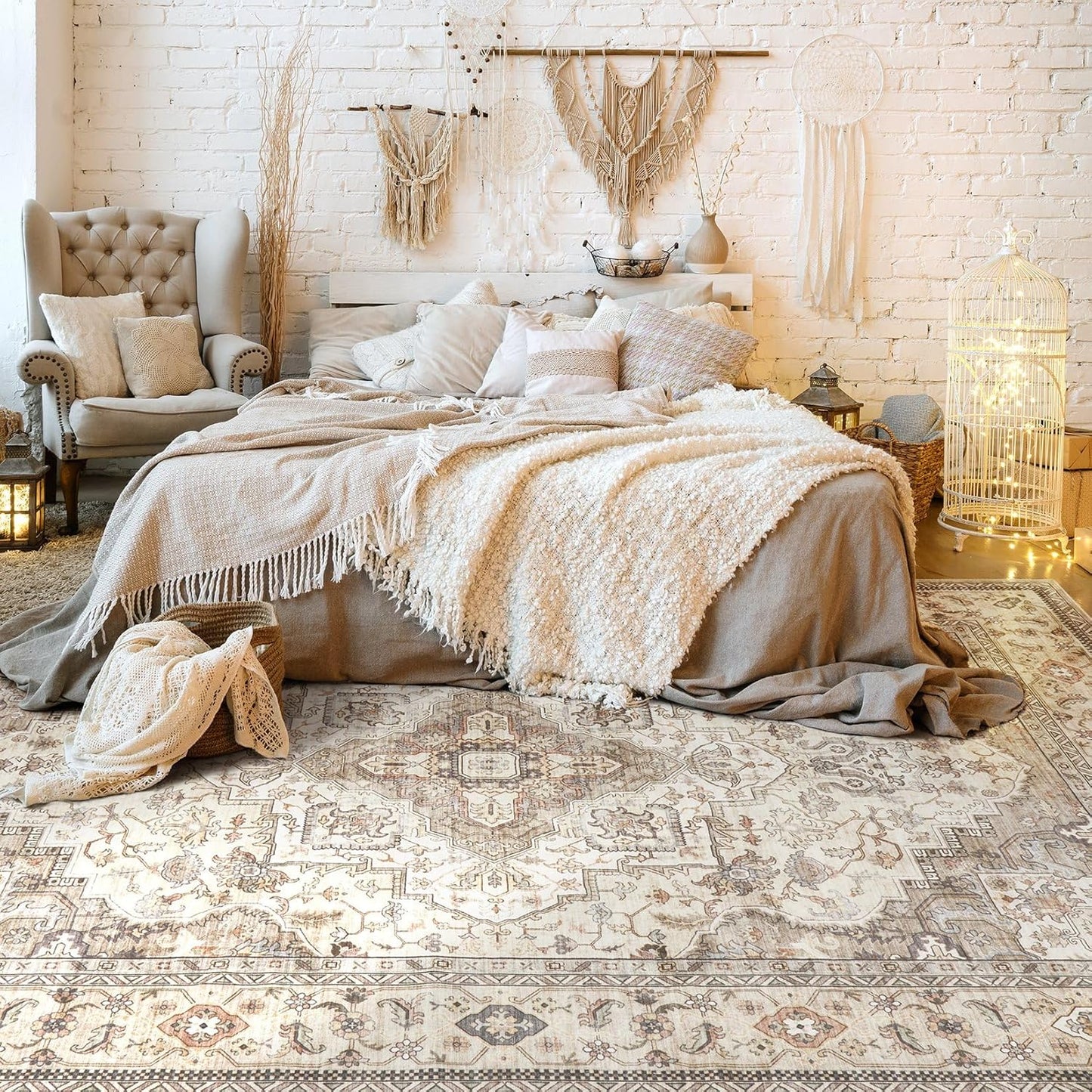 Washable Area Rugs for Living Room - 5x7 Neutral Vintage Distressed Floral Farmhouse Boho Large Soft Floor Rug Indoor Non Slip Carpet for Bedroom Dining Room Office - Brown/Multi