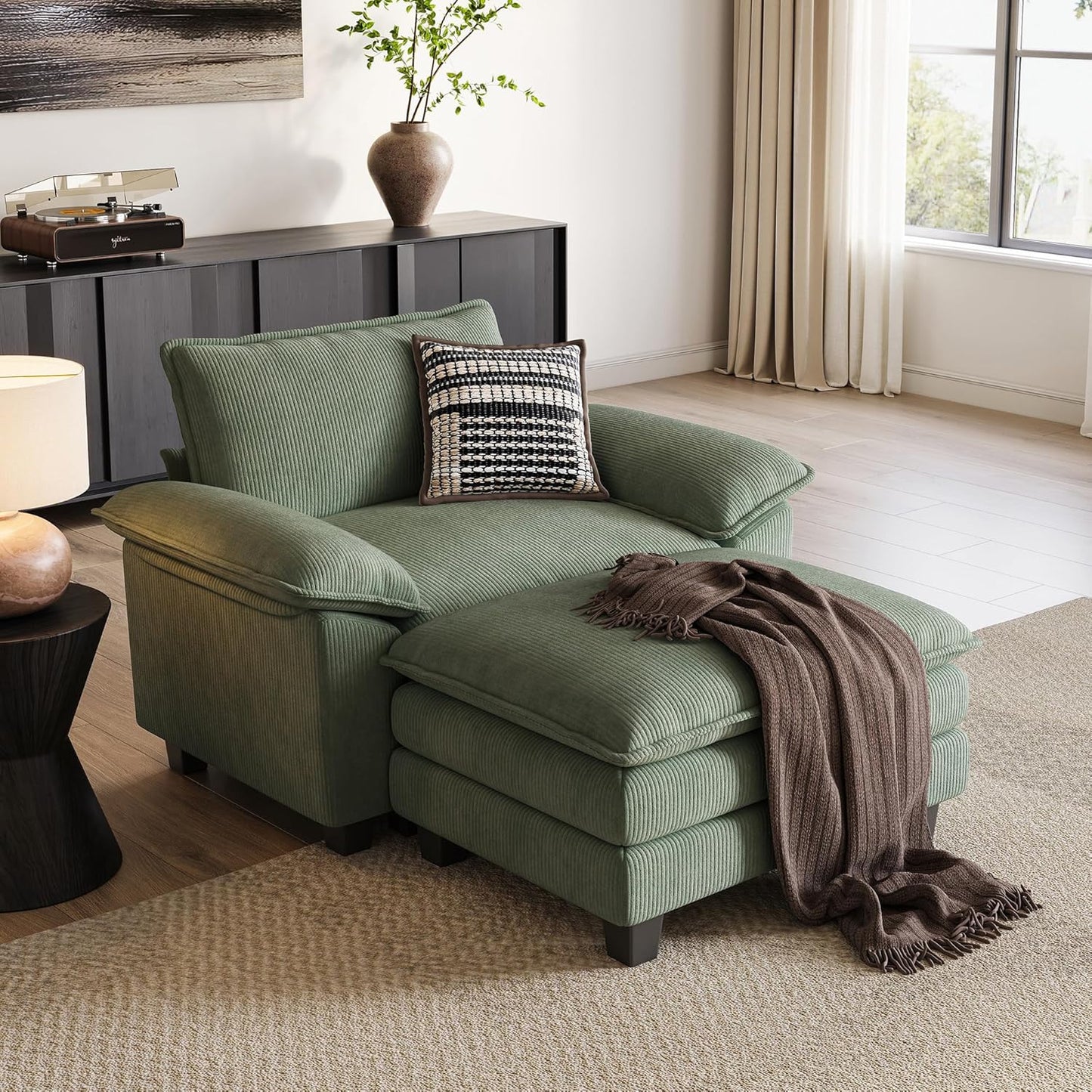 LINSY HOME Sofa Chair with Movable Ottoman - Corduroy Cloud Couch Chair Soft Comfy Modern Sofa Chaise Single Sleeper Chair Bed for Living Room Apartment Office, Green