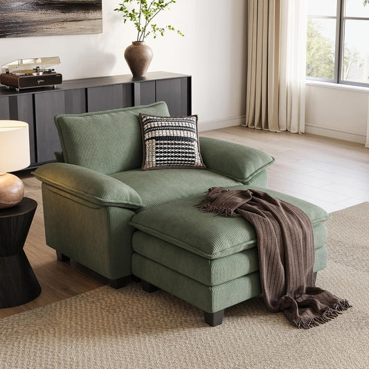 LINSY HOME Sofa Chair with Movable Ottoman - Corduroy Cloud Couch Chair Soft Comfy Modern Sofa Chaise Single Sleeper Chair Bed for Living Room Apartment Office, Green