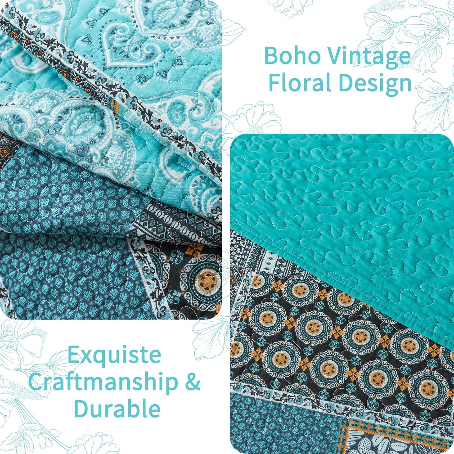 VAPUTAR Cotton Quilt Queen Size Bedding Set - 3 Pieces Queen Quilt Bedding Set, Boho Queen Size Quilts, Lightweight Reversible Coverlets Bedspreads for Farmhouse Bedroom (Teal/Green Chic)