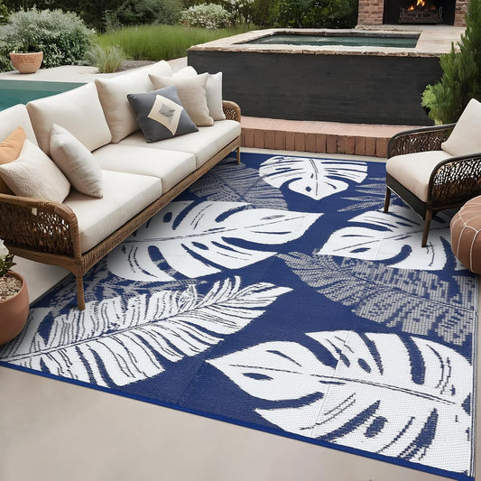 GAOMON Outdoor Plastic Straw Rug 9x18 Waterproof Patio Rug Reversible Camping Mat, Foldable Portable RV Picnic Carpet with Bag & 4 Stakes, UV Resistant Outside Carpet for Deck Balcony, Blue
