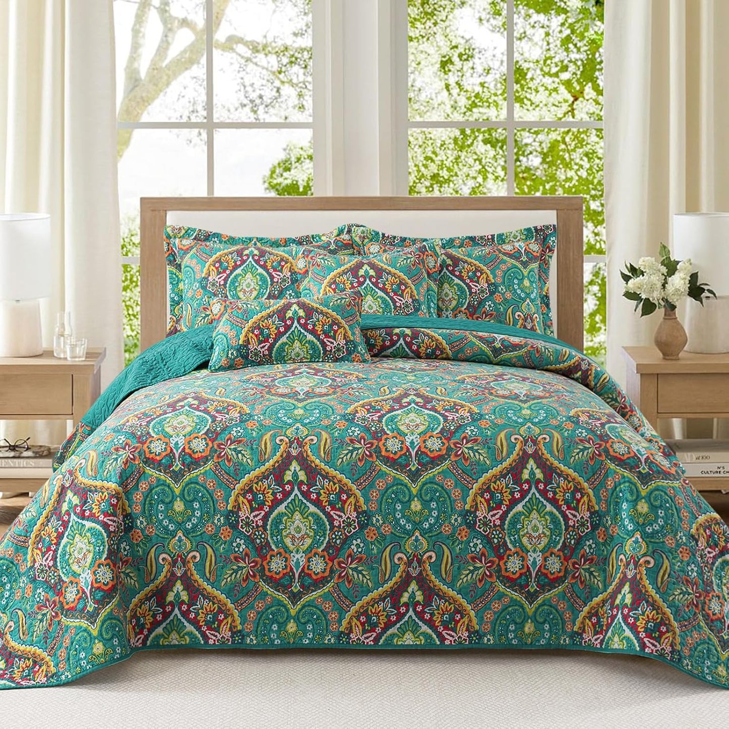 VAPUTAR Cotton Bedspreads Queen Size with Floral Pattern, 3 Pieces Soft Lightweight Reversible Quilted Bedspread Coverlet(90*98 inch), Farmhouse Style Queen Quilt Bedding Set Suitable for All Season