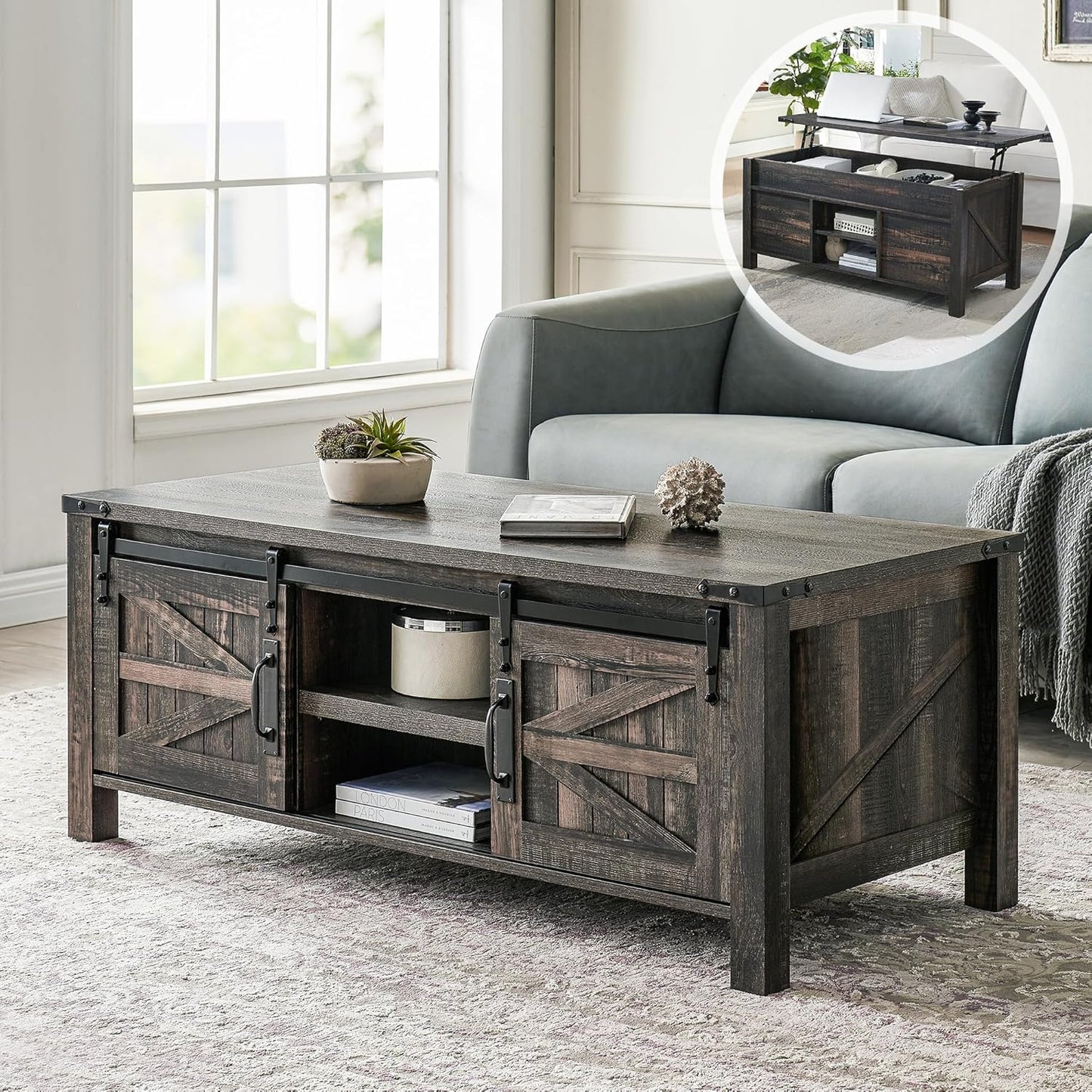 OKD 48" Farmhouse Lift Top Coffee Table with Sliding Barn Door,Rustic Center Table with Hidden Storage Compartment,Lifting Tabletop and Adjustable Shelf for Living Room,Office,Dark Rustic Oak