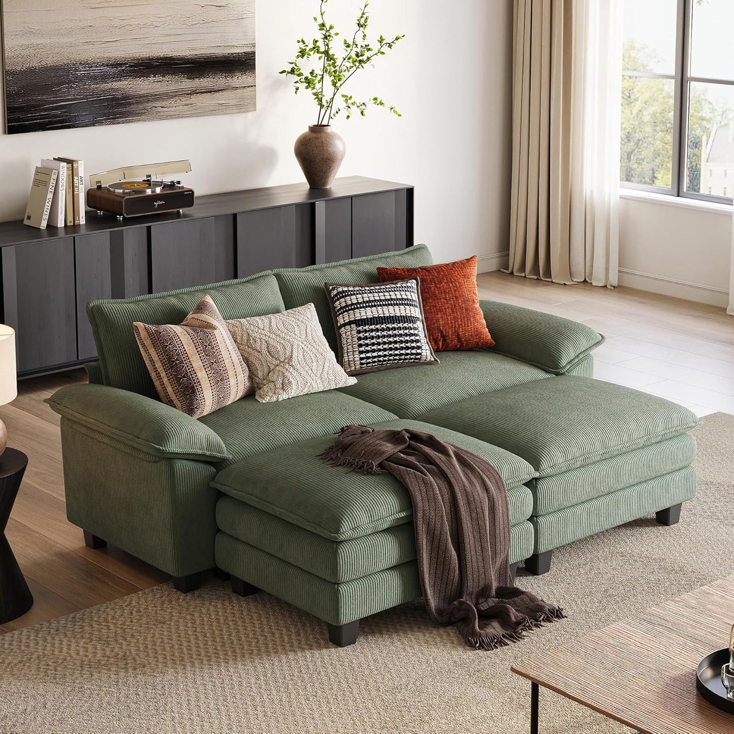 LINSY HOME Modular Sectional Sofa - 90'' Sleeper Sofa Cloud Couch Oversized Corduroy Sofa Bed with Movable Ottoman Soft Modern Comfy Couch for Living Room Apartment Office, Green