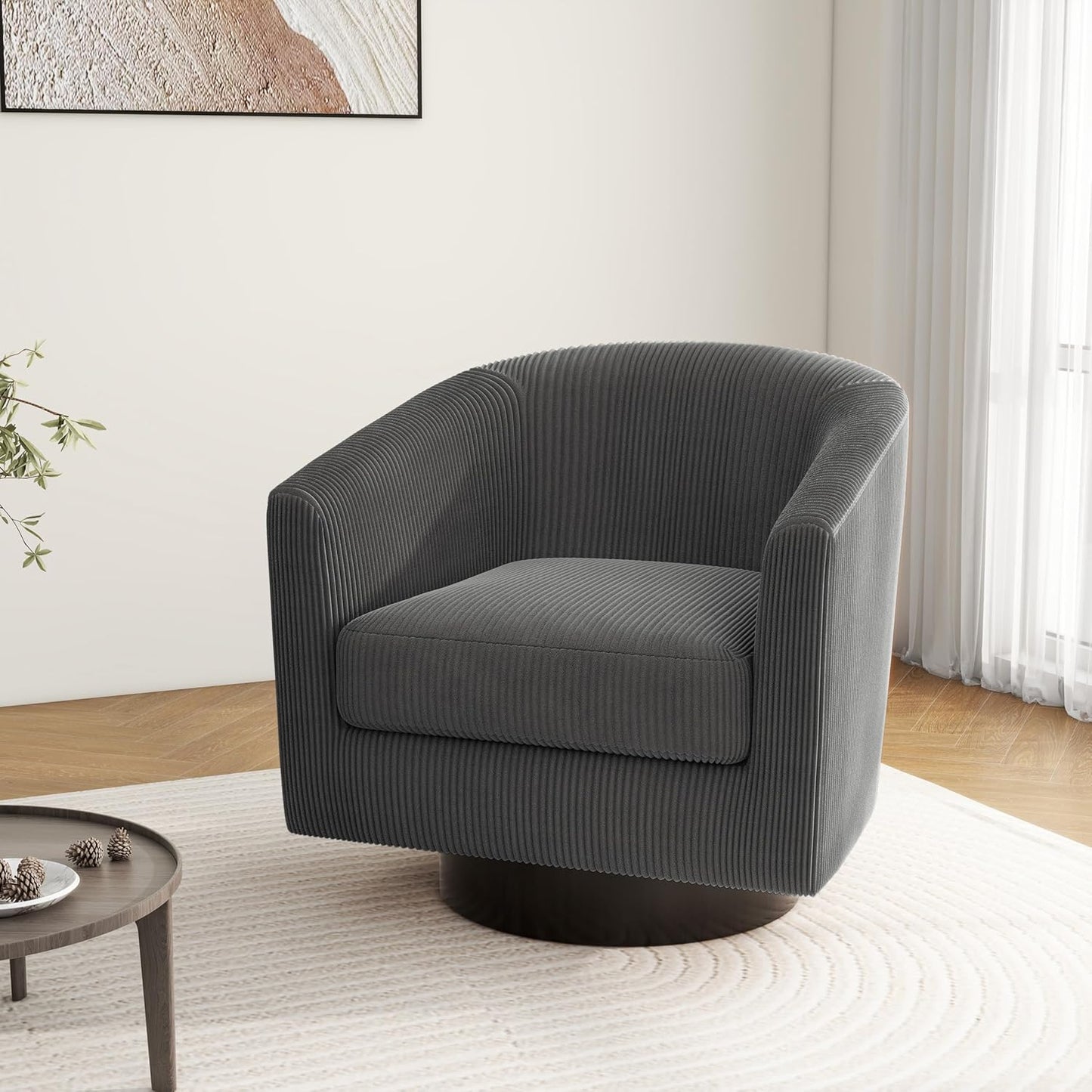 Swivel Barrel Accent Chair, Modern Round Corduroy Fabric Arm Chair for Living Room, Bedroom, Comfy Club Reading Chairs for Adults (Corduroy Grey, Set of 1)