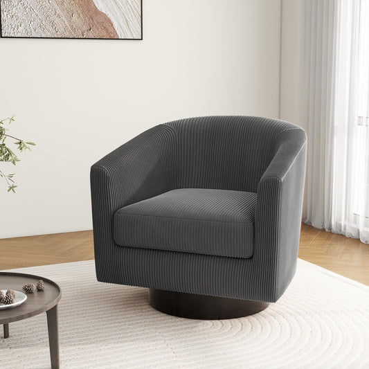 Swivel Barrel Accent Chair, Modern Round Corduroy Fabric Arm Chair for Living Room, Bedroom, Comfy Club Reading Chairs for Adults (Corduroy Grey, Set of 1)