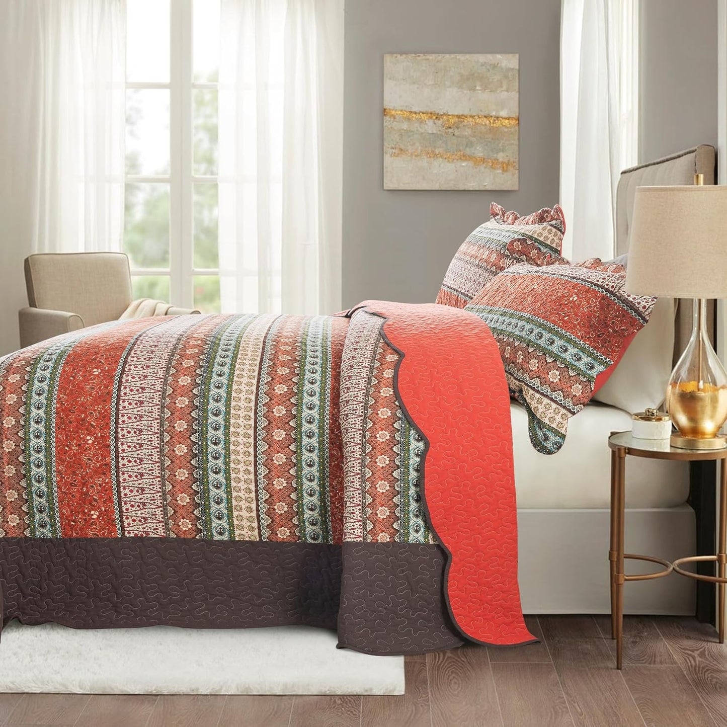 NEWLAKE Cotton Bedspread Quilt Sets - Reversible Patchwork Coverlet Set, Red Striped Jacquard Pattern, Oversized King Size