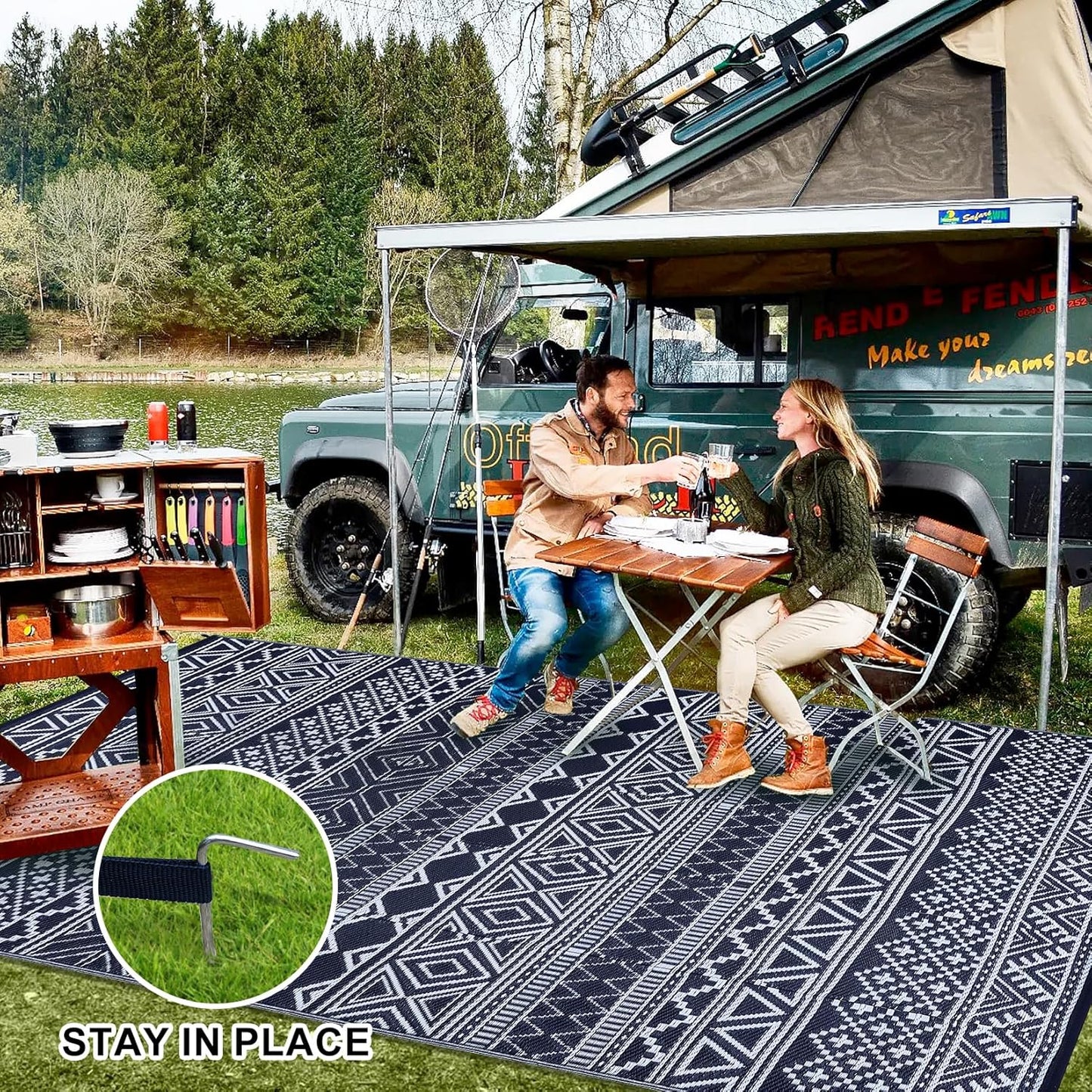 GAOMON Reversible Outdoor Rug 9'x18' Waterproof Plastic Straw Rug, Patio Rug, Large Modern Area Rug Carpet, Indoor Outdoor Rugs for Camping, Porch, Deck, Balcony, Backyard, Dark Blue/White(Bohemia)