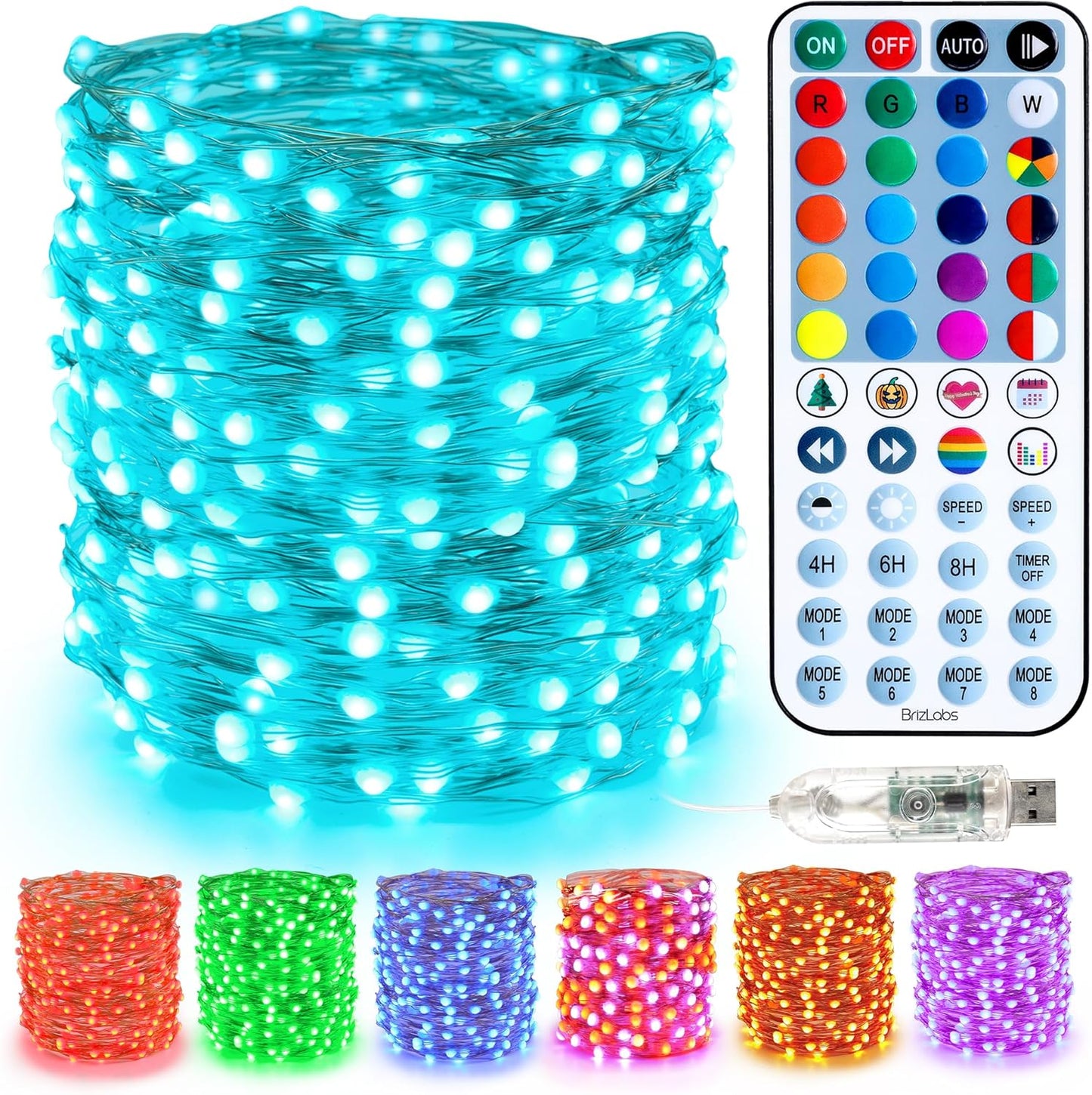 BrizLabs Christmas Fairy String Lights, 33ft 100 LED Color Changing Christmas Fairy Lights with Remote Timer, USB Purple Orange Halloween Light RGB Twinkle Light for Xmas Halloween Home Party Wedding