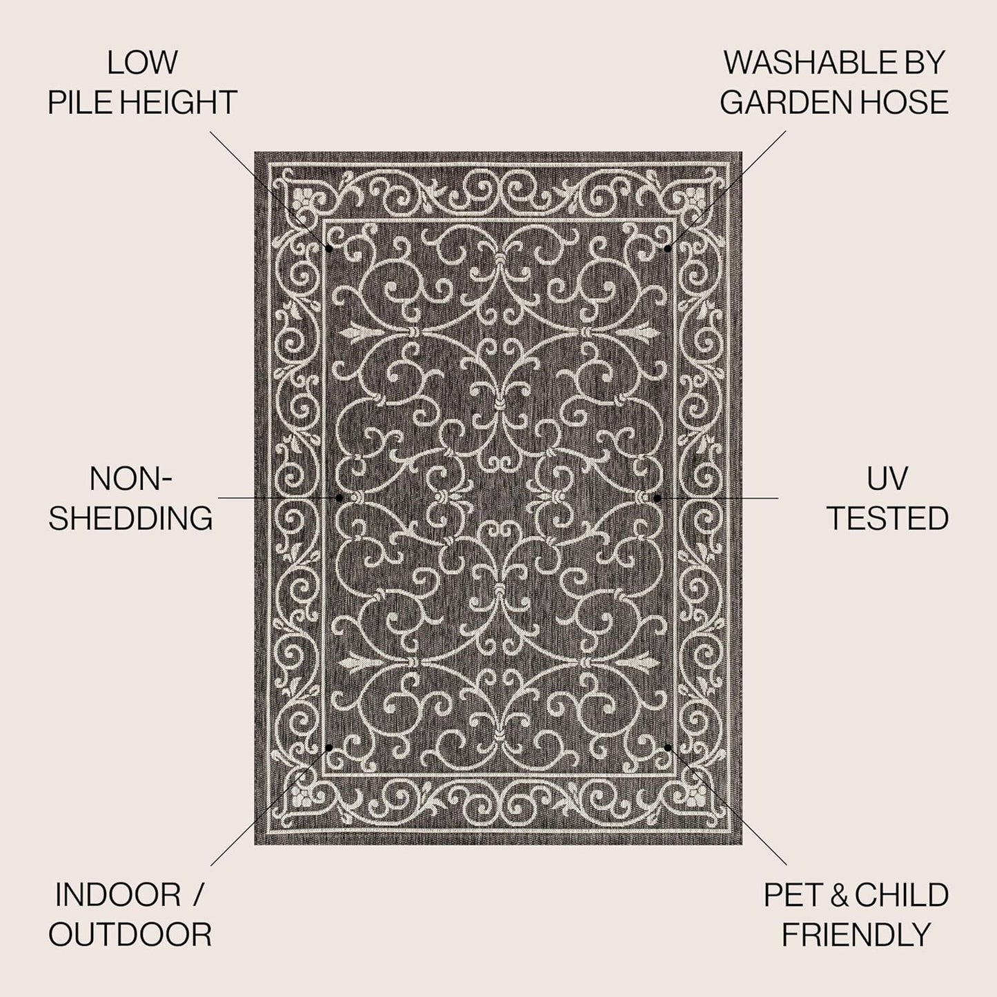 JONATHAN Y Vintage Filigree Indoor Outdoor Square Area Rug 9X9 Black/Gray, Charleston Textured Weave for Backyard, Patio, Porch, Easy-Cleaning, High Traffic, Pet-Friendly, Non-Shedding (SMB106G-9SQ)