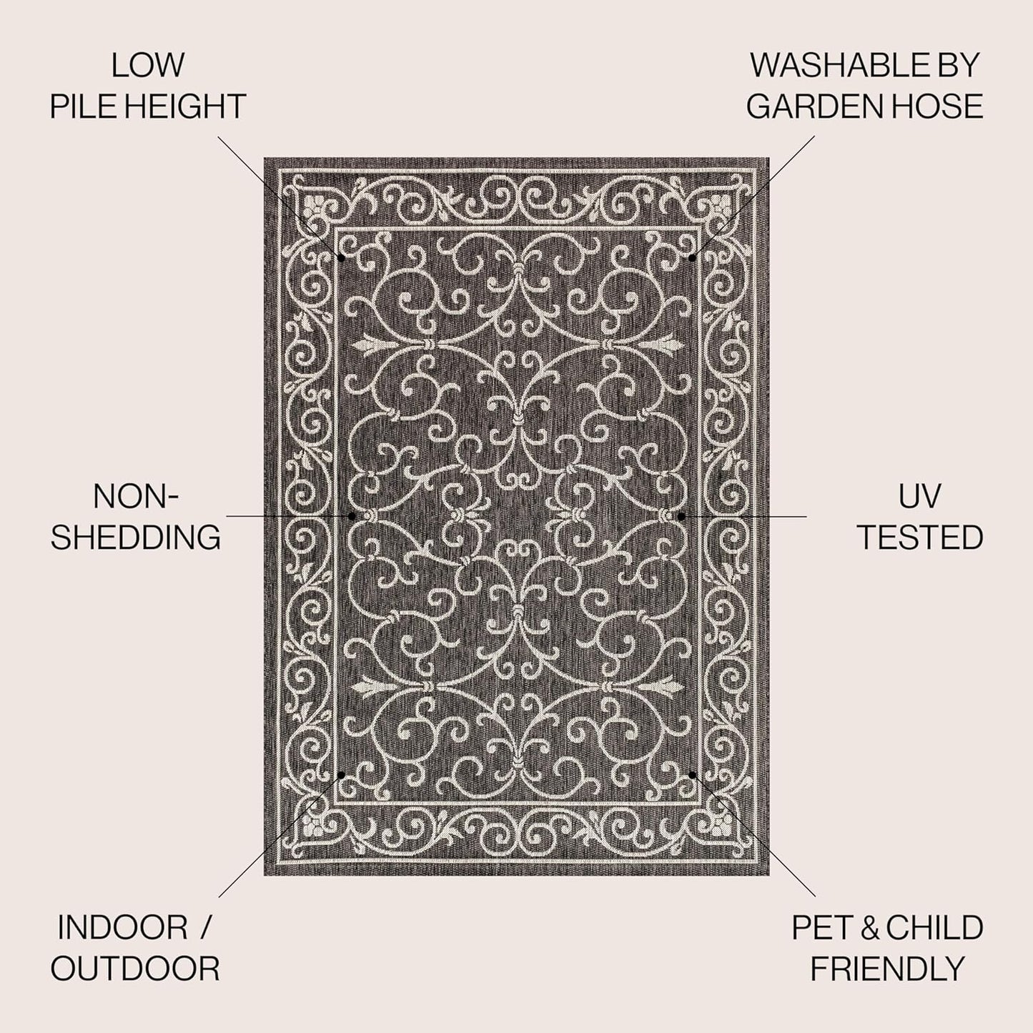 JONATHAN Y Vintage Filigree Indoor Outdoor Round Area Rug 6 Ft Black/Gray, Charleston Textured Weave for Backyard, Patio, Porch, Easy-Cleaning, High Traffic, Pet-Friendly, Non-Shedding (SMB106G-6R)