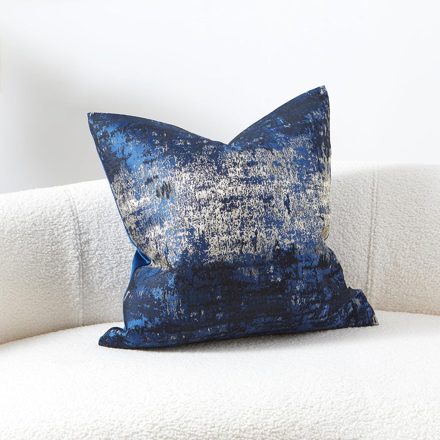 THE-TINOART Navy Gold Jacquard Accent Pillow Cover 18x18 - Reversible Design with Gold Thread Embroidery, Luxury Velvet Back for Sofa & Bed Decor