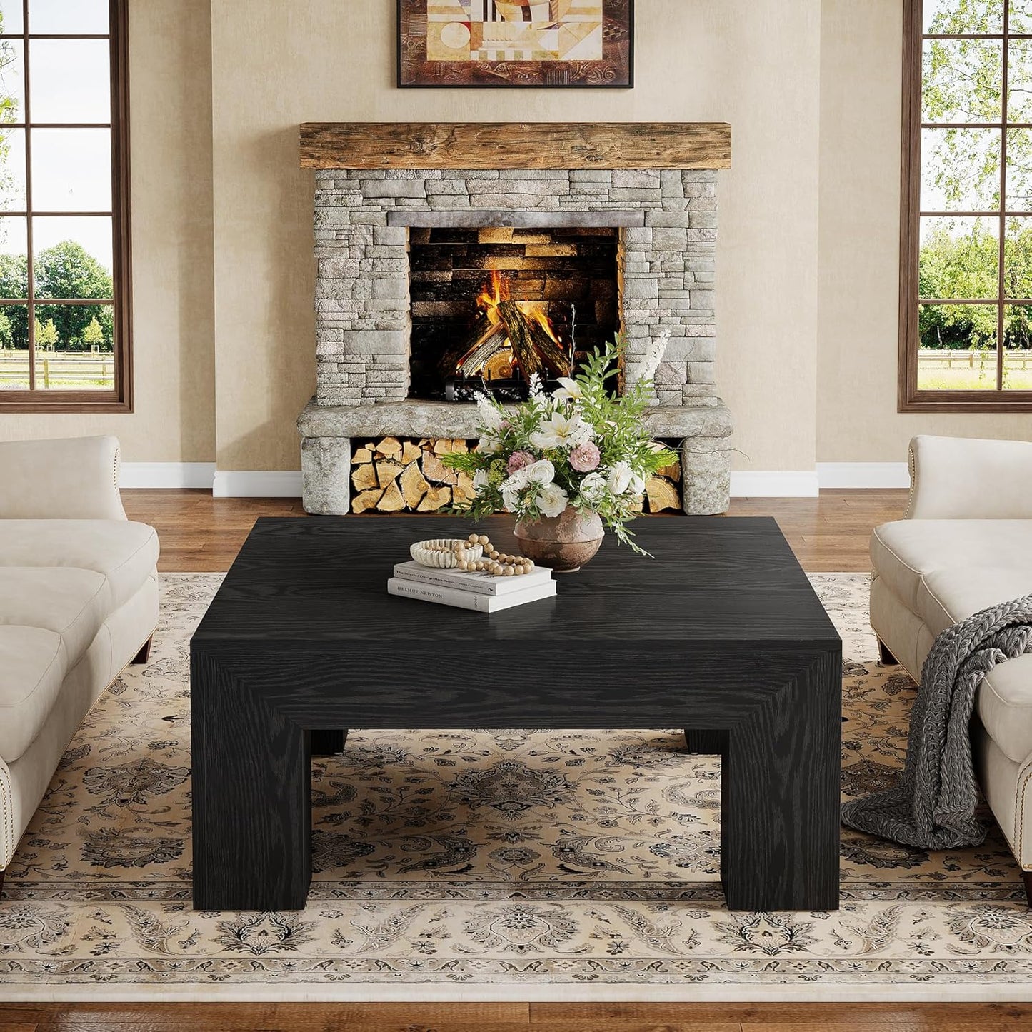 Tribesigns 39.4-Inch Square Coffee Table for Living Room, Farmhouse All MDF Accent Center Cocktail Table with Sturdy Wooden Legs, Easy Assembly, Black
