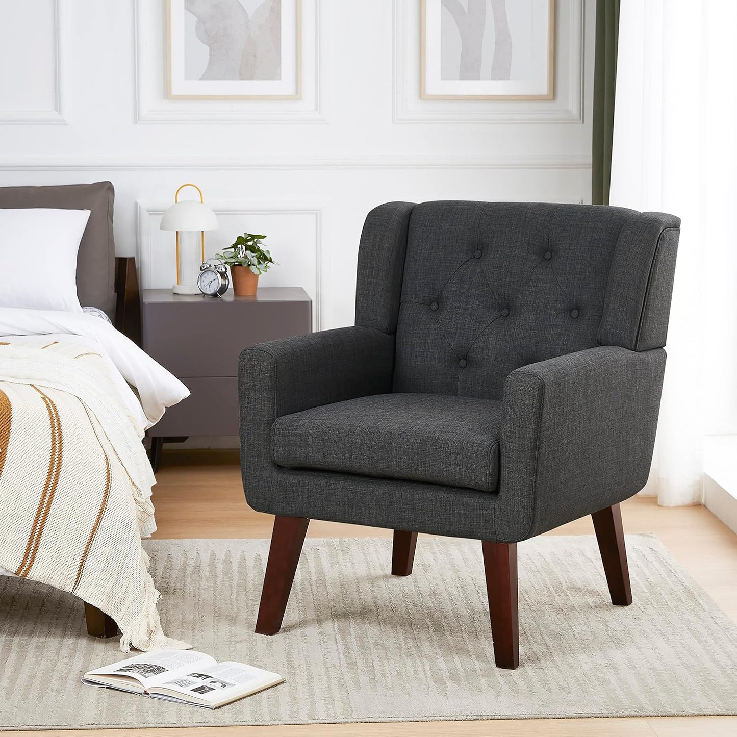 Accent Chair Button-Tufted Upholstered Living Room Chairs Comfy Reading Chair Mid Century Modern Chair with Linen Fabric Lounge Arm Chairs for Living Room Bedroom (Dark Grey)