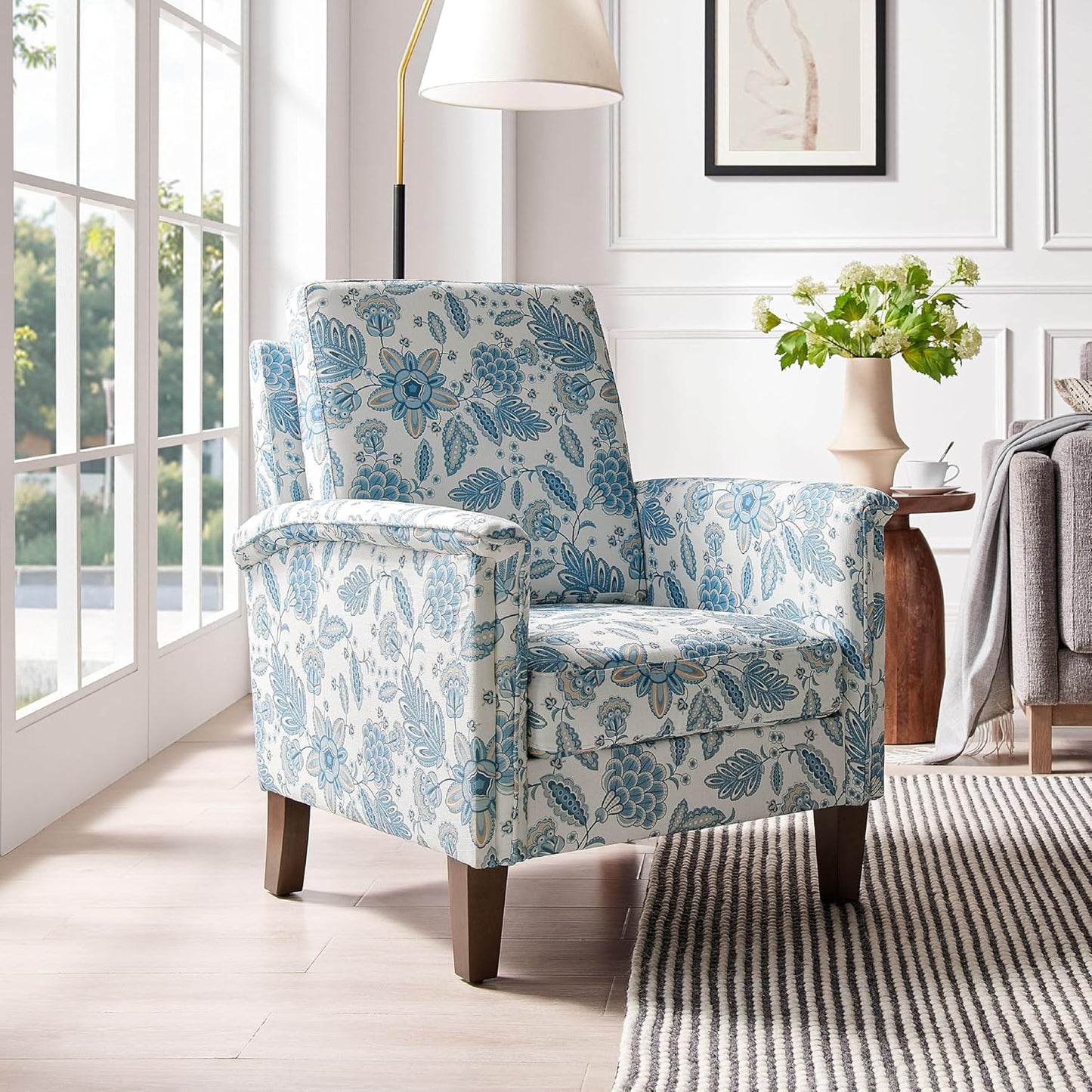 Floral Accent Chair Set of 2, High Back Upholstered Armchair with Solid Wooden Legs, Padded Armrest and Removable Comfortable Cushioned Seat Single Sofa for Living Room, Bedroom, Blue