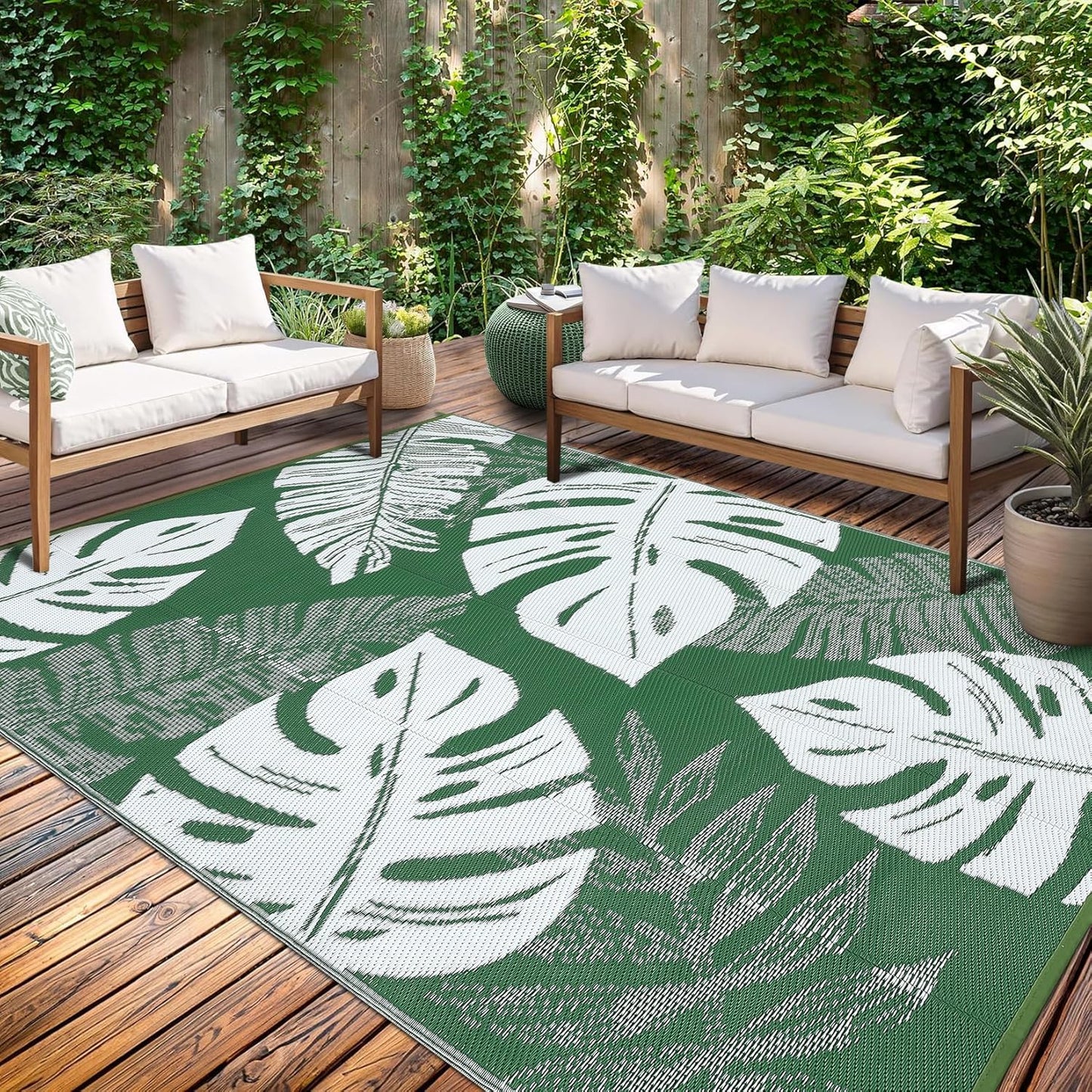 GAOMON Outdoor Rug 8x10 Patio Waterproof Reversible Plastic Straw Rug Modern Foldable Lightweight RV Camping Mat with Portable Bag & 4 Stakes, UV Resistant & Sturdy for Picnic Deck Balcony, Green