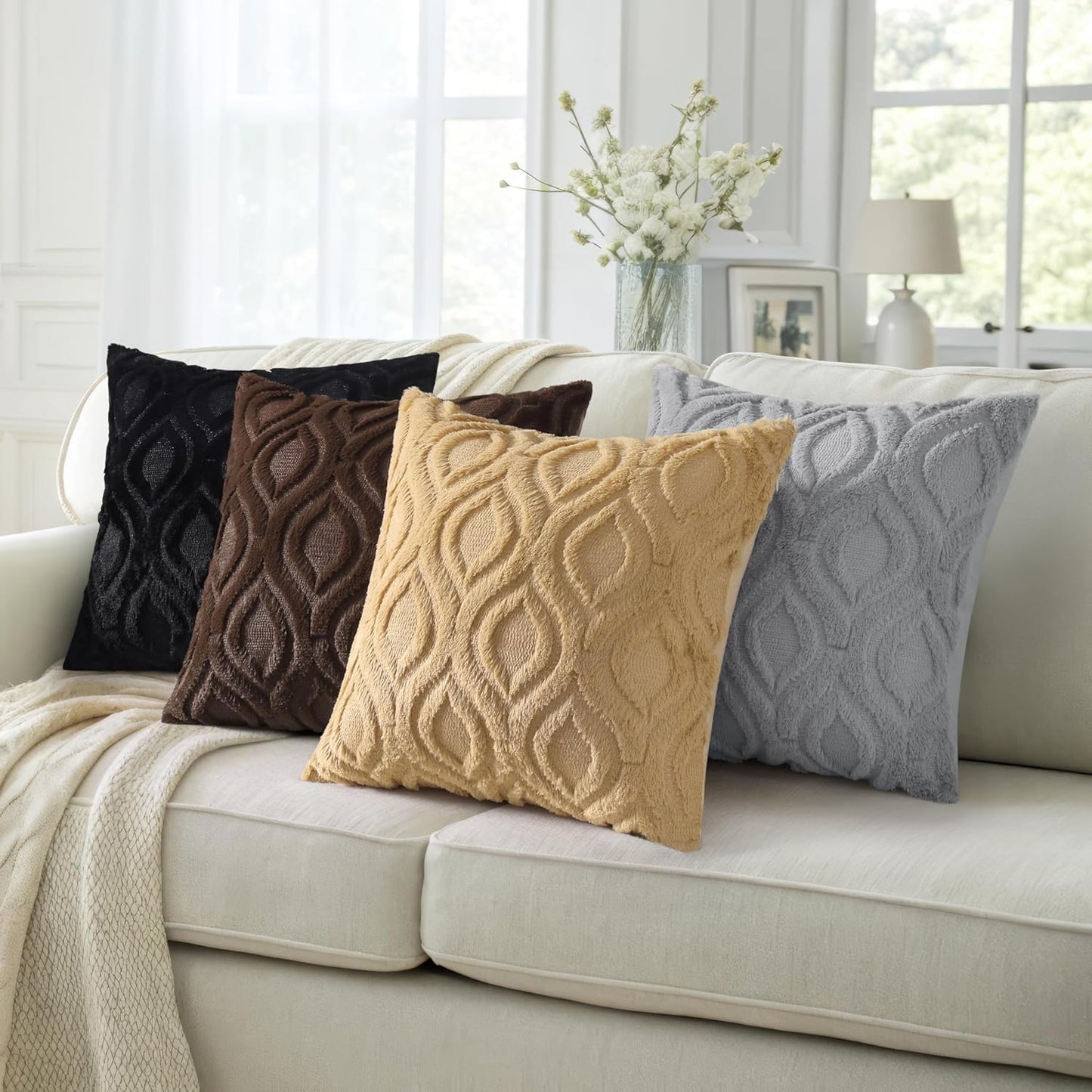 decorUhome Fall Throw Pillow Covers 22x22 Inch Set of 2, Soft Plush Decorative Faux Fur Black Solid Couch Pillow Covers, Accent Farmhouse Neutral Square Euro Pillow Cases for Sofa Bed Living Room
