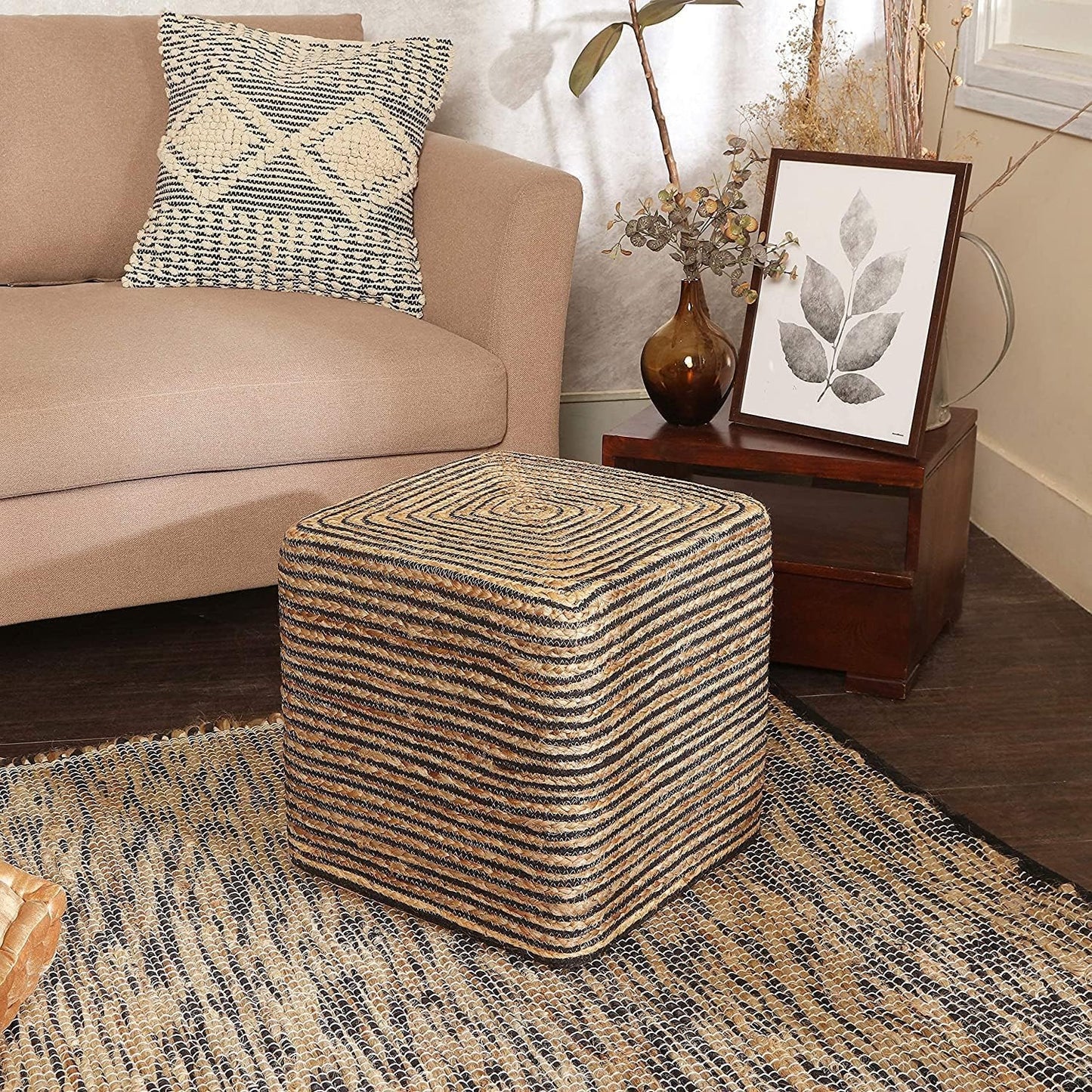 REDEARTH · Cube Pouf Foot Stool Ottoman - Jute Braided Pouffe Poof Accent Sitting Footrest for The Living Room, Bedroom, Nursery, Lounge 50% Jute 50% Cotton Set of 2 (14.5”x14.5”x16”; Natural Black)